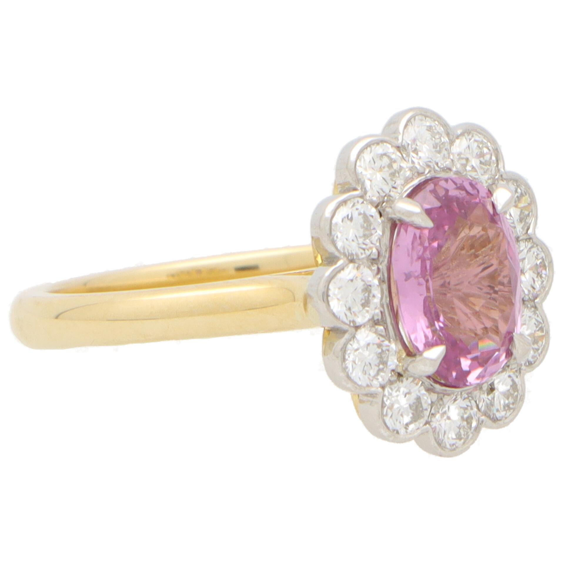 Oval Cut Contemporary Pink Sapphire and Diamond Floral Cluster Ring in 18k Gold