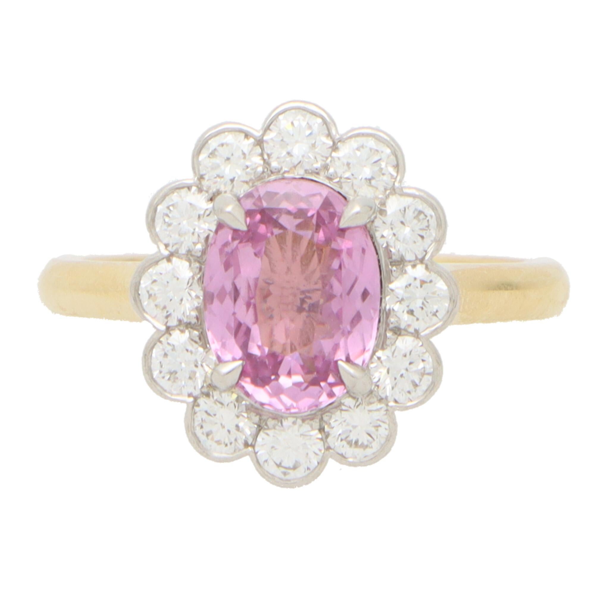 Women's or Men's Contemporary Pink Sapphire and Diamond Floral Cluster Ring in 18k Gold