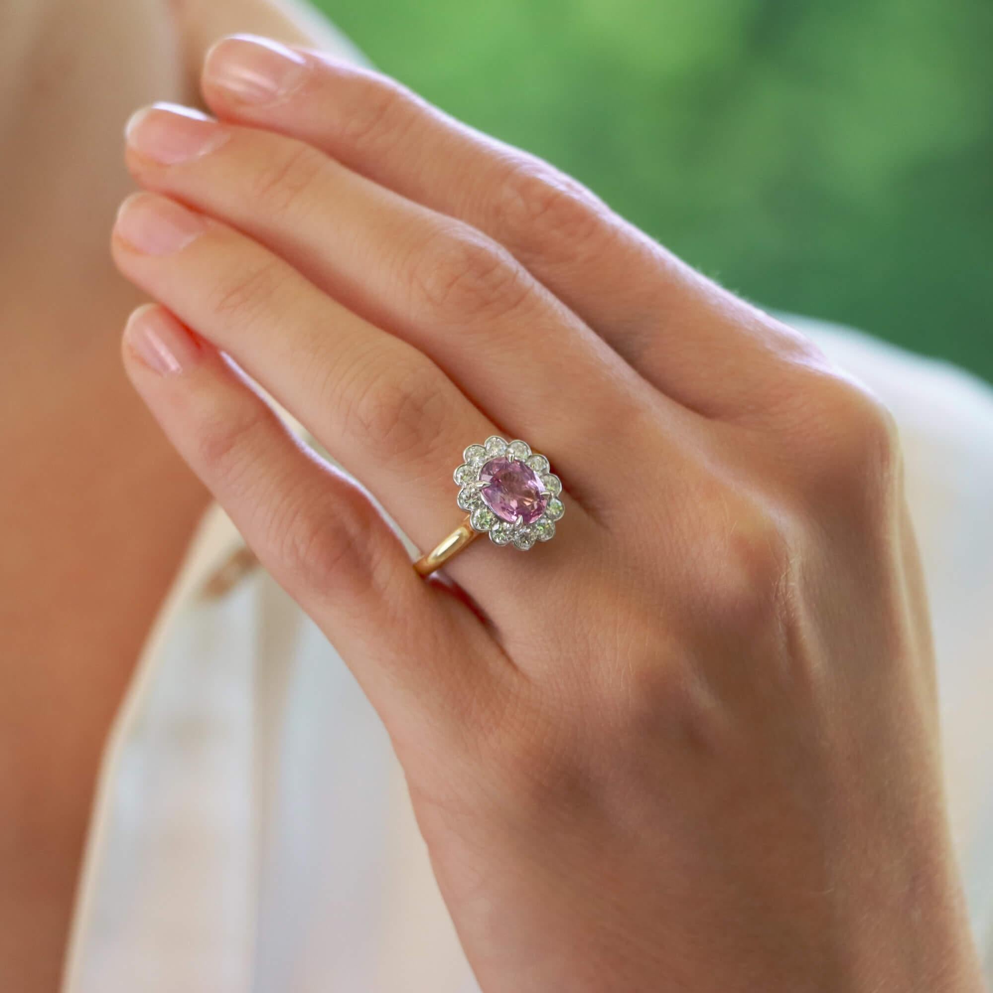 Modern Contemporary Pink Sapphire and Diamond Floral Cluster Ring in 18k Gold