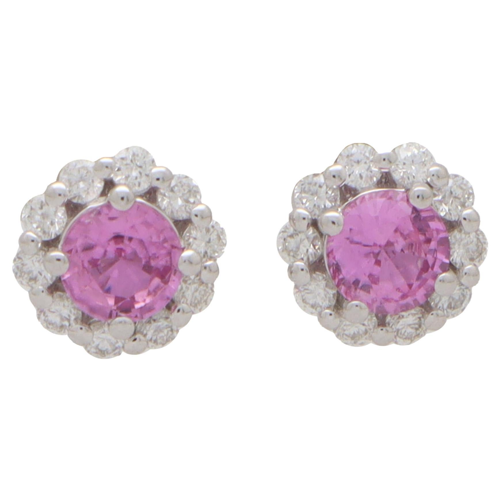 Contemporary Pink Sapphire and Diamond Floral Daisy Cluster Earrings in 18k Gold