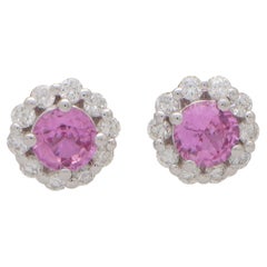 Contemporary Pink Sapphire and Diamond Floral Daisy Cluster Earrings in 18k Gold