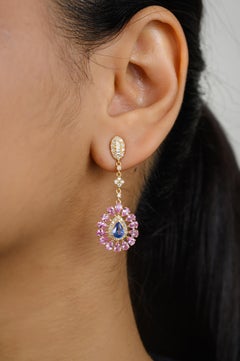 Boucles d'oreilles pendantes contemporaines en or jaune 18 carats, saphir rose, fleurs de fiançailles