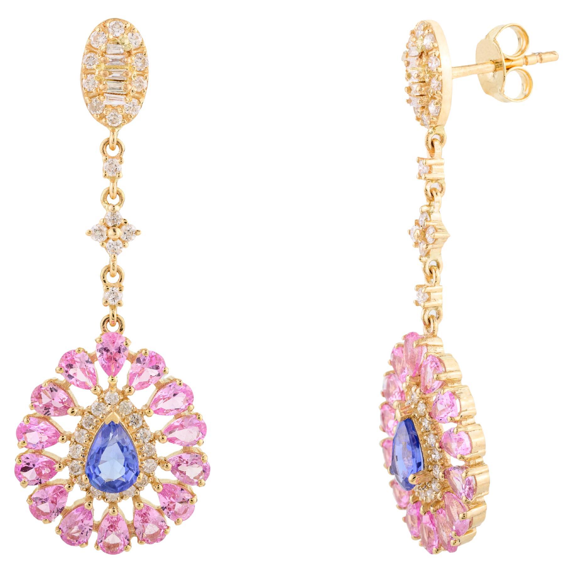 Contemporary Pink Sapphire Floral Engagement Drop Earrings in 18k Yellow Gold