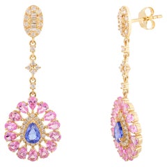 Boucles d'oreilles pendantes contemporaines en or jaune 18 carats, saphir rose, fleurs de fiançailles