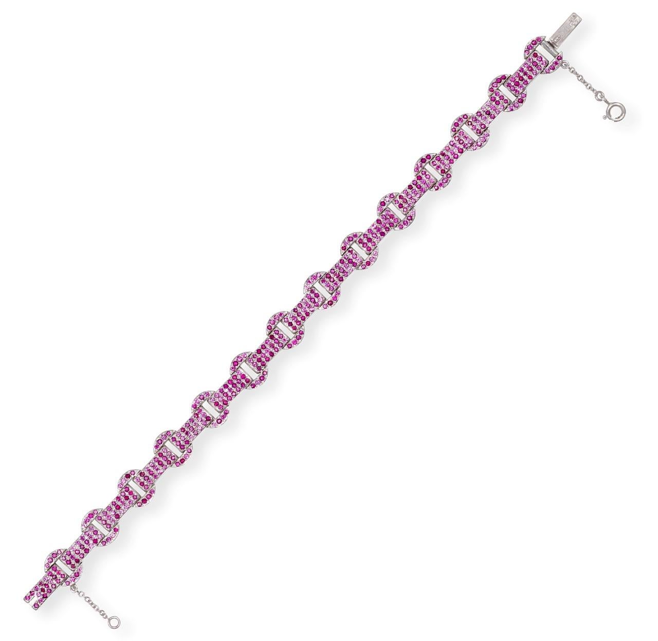 Round Cut Rosior Contemporary Pink Sapphire Link Bracelet Set in White Gold For Sale