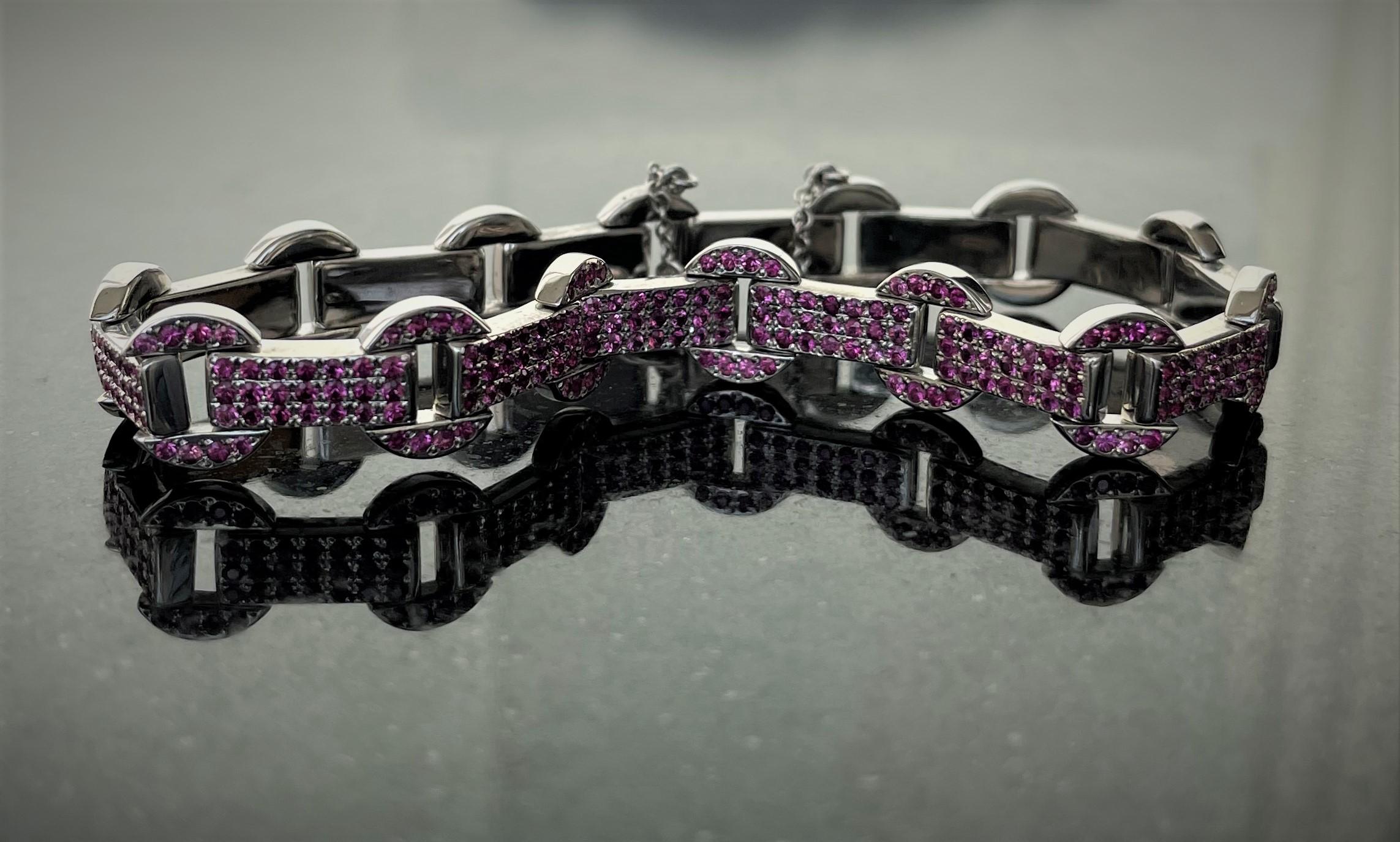 Rosior Contemporary Pink Sapphire Link Bracelet Set in White Gold In New Condition For Sale In Porto, PT