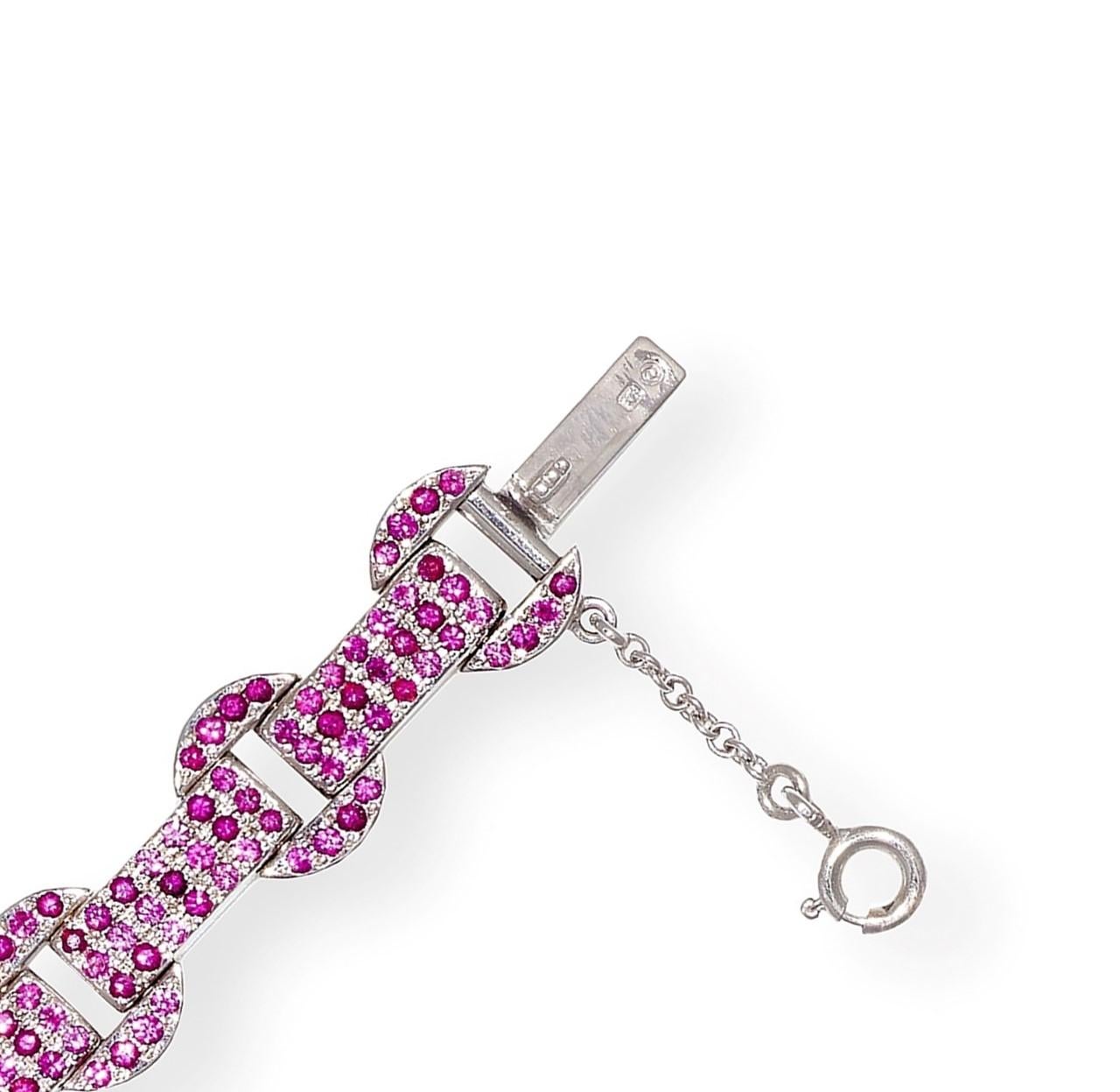 Women's or Men's Rosior Contemporary Pink Sapphire Link Bracelet Set in White Gold For Sale