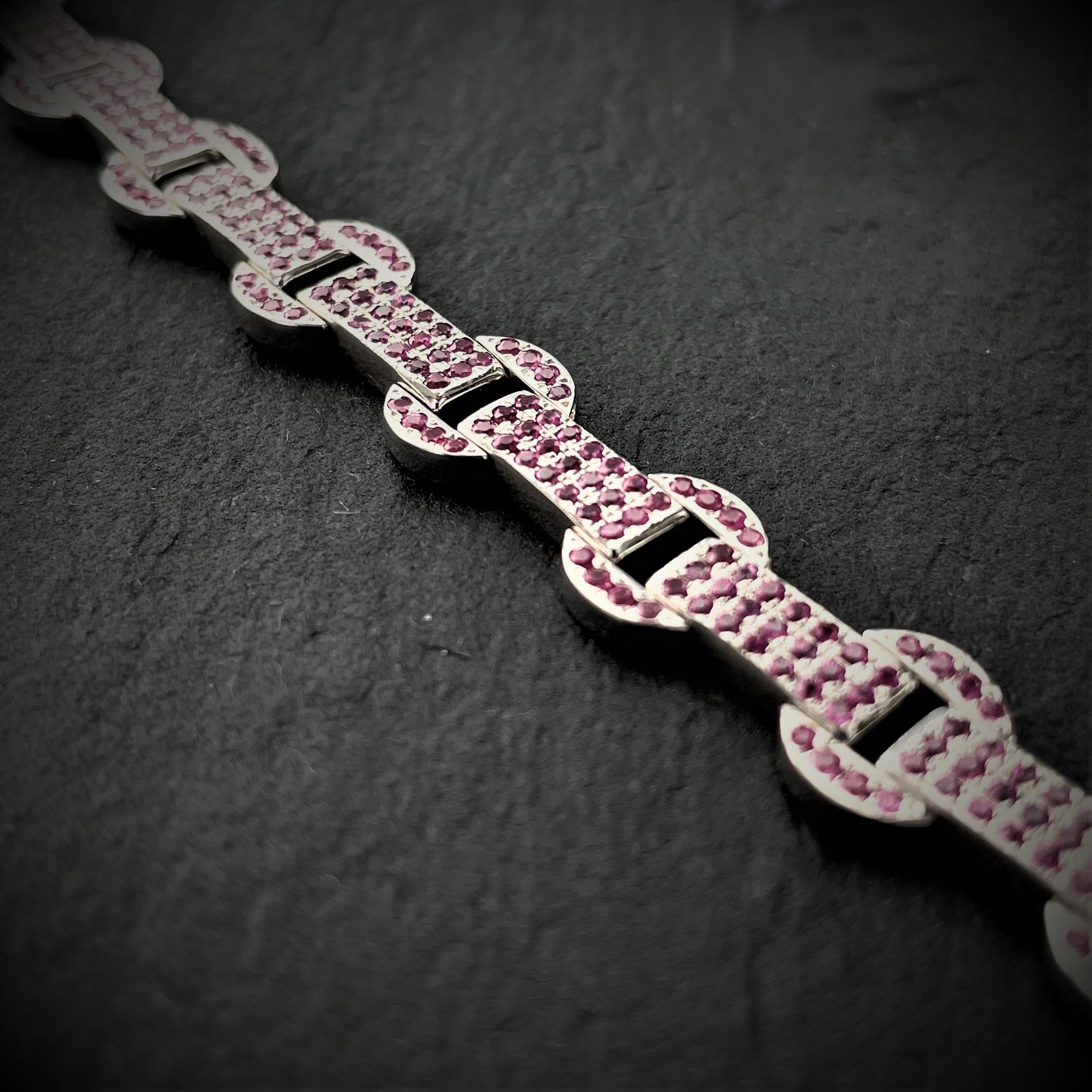 Rosior Contemporary Pink Sapphire Link Bracelet Set in White Gold For Sale 2