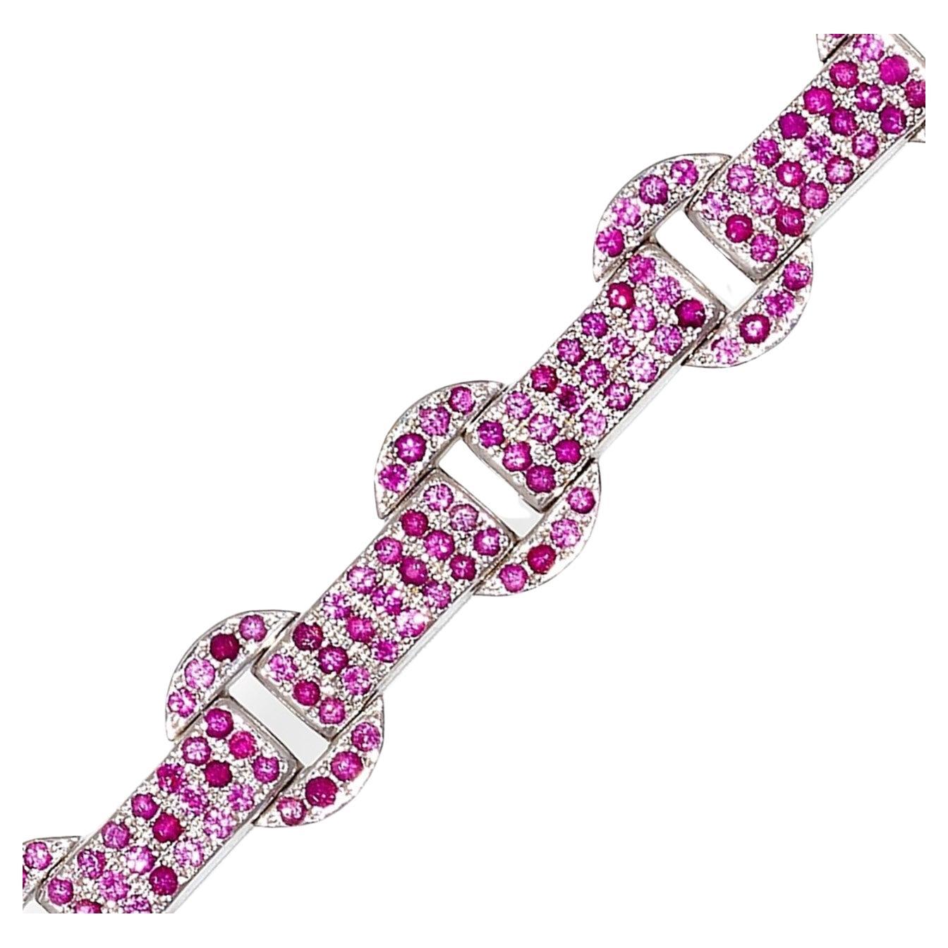 Rosior Contemporary Pink Sapphire Link Bracelet Set in White Gold For Sale