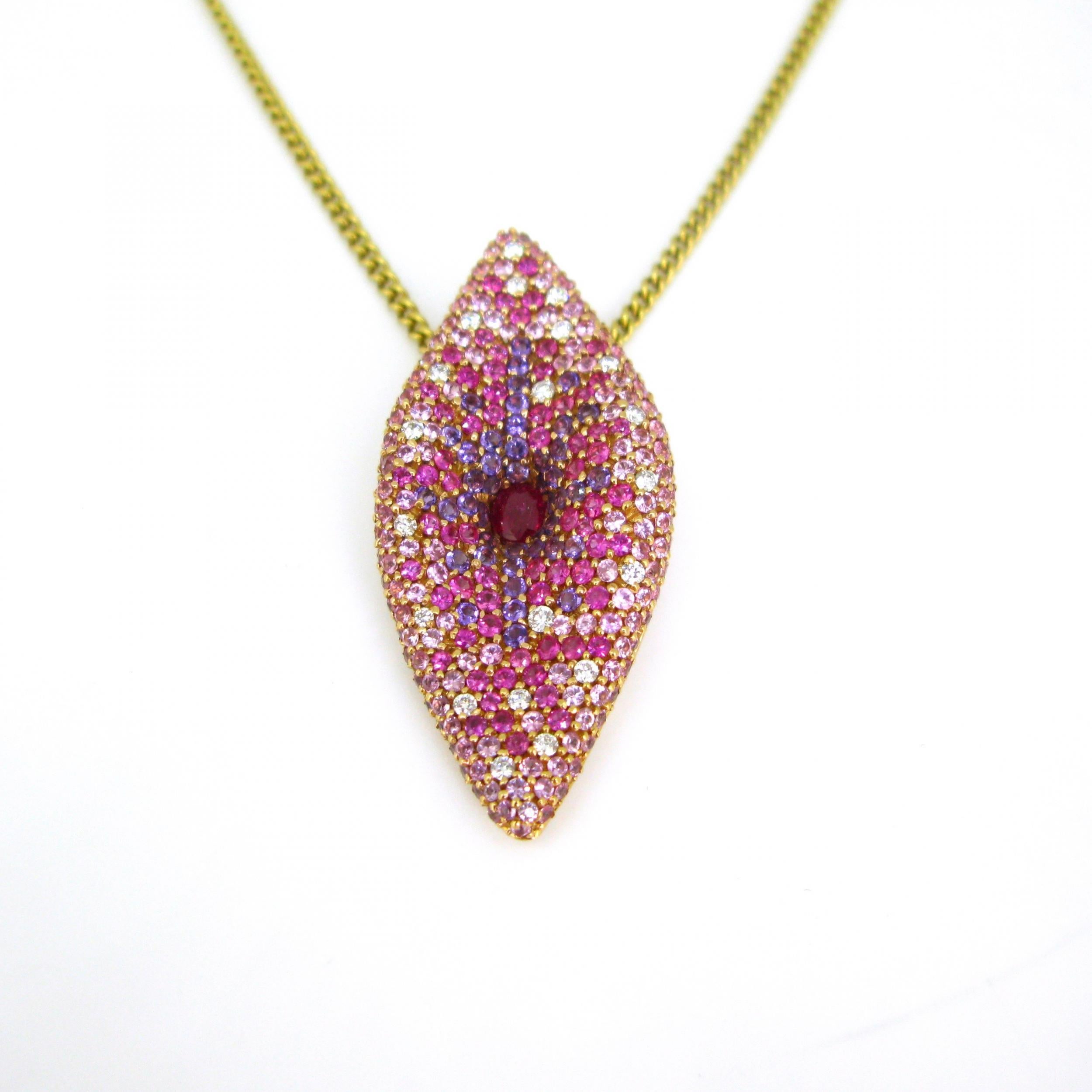 Modern Contemporary Pink Sapphires Amethysts Ruby & Diamond Pave Pendant 18kt rose Gold For Sale