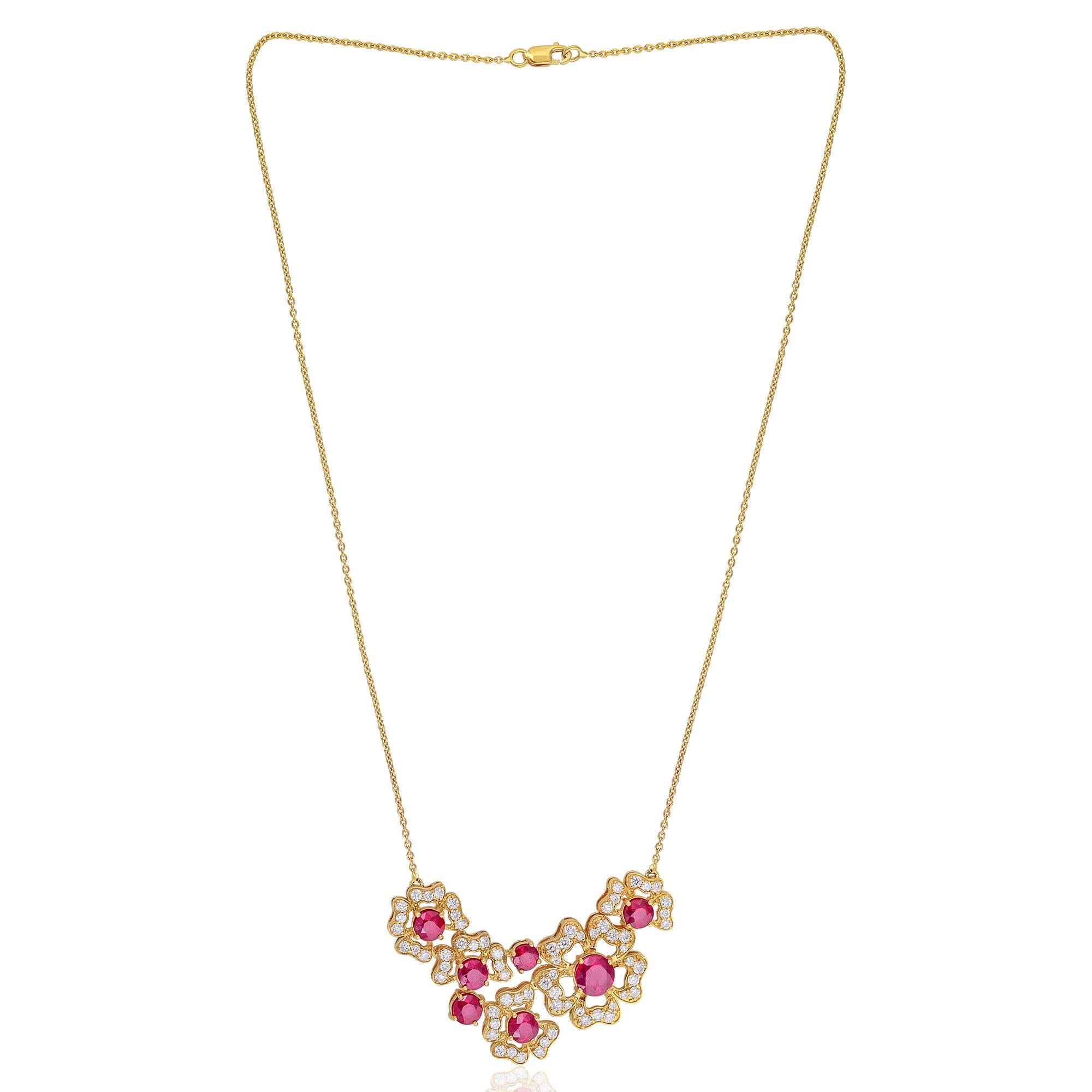 Round Cut Contemporary Pink Stone and Diamond Flower 18k Yellow Gold Pendant Necklace For Sale