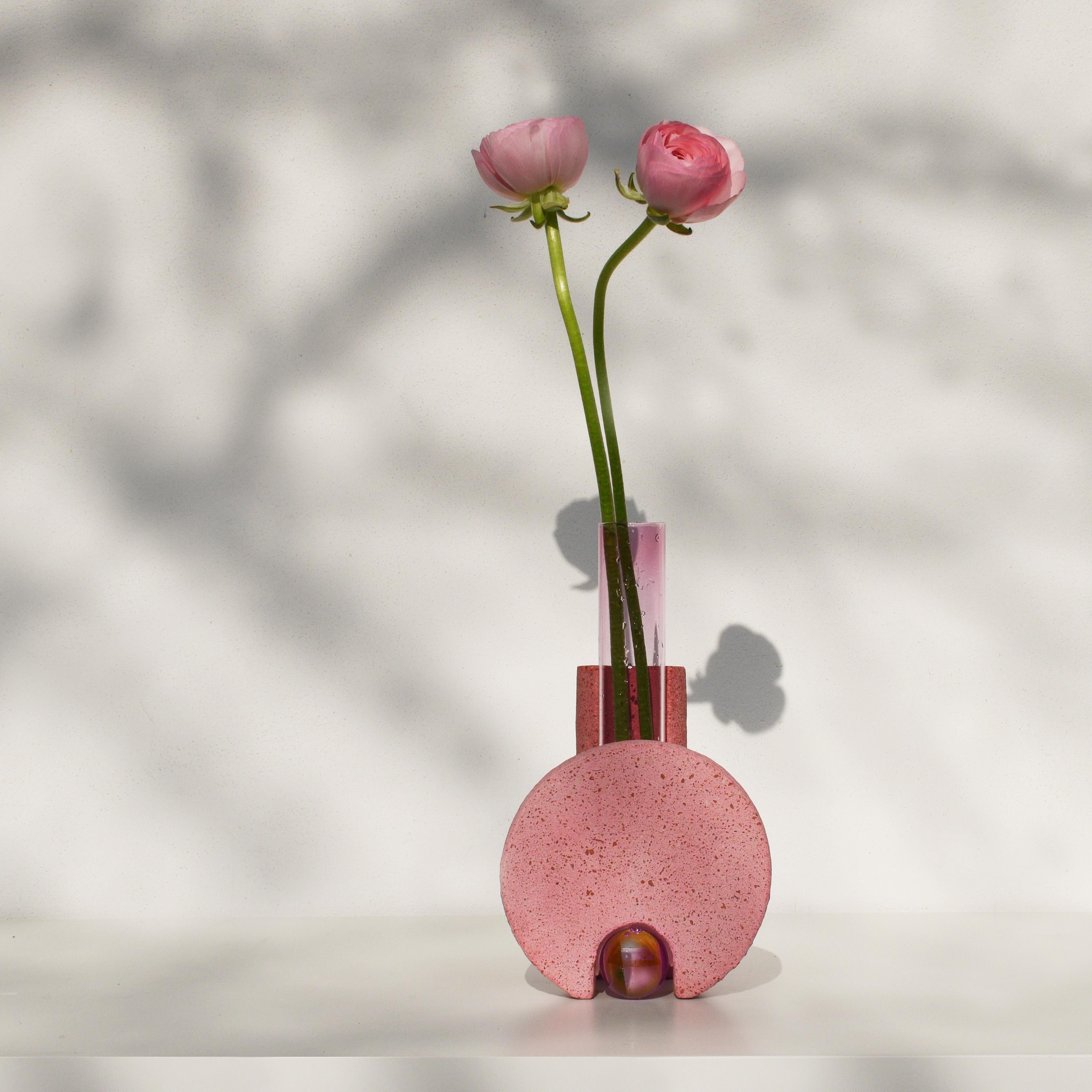 Organic Modern Responsibly Handcrafted Pink Stone & Glass Vase by COKI For Sale