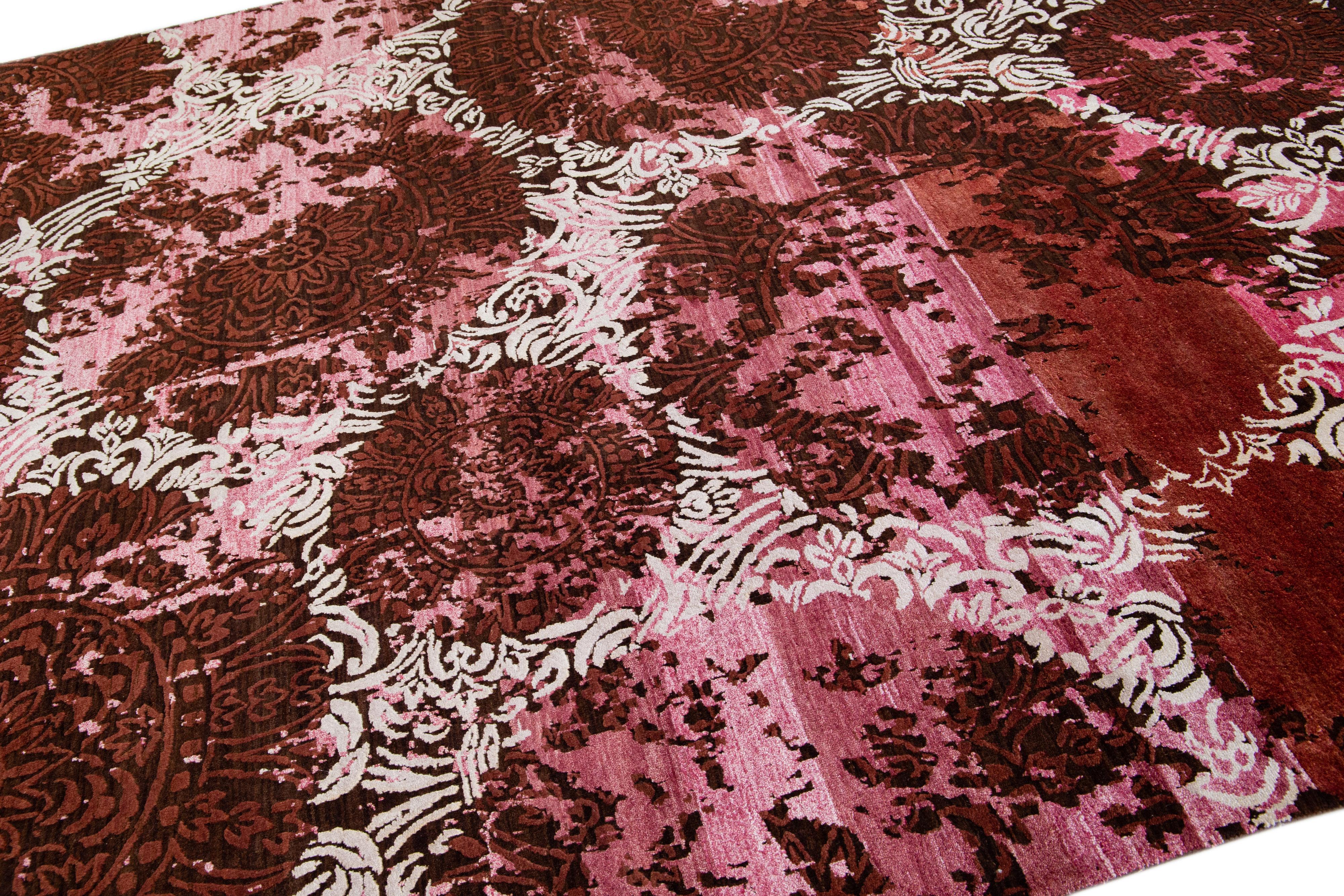Indian Contemporary Pink Tibetan Wool & Silk Rug with Abstract Pattern For Sale