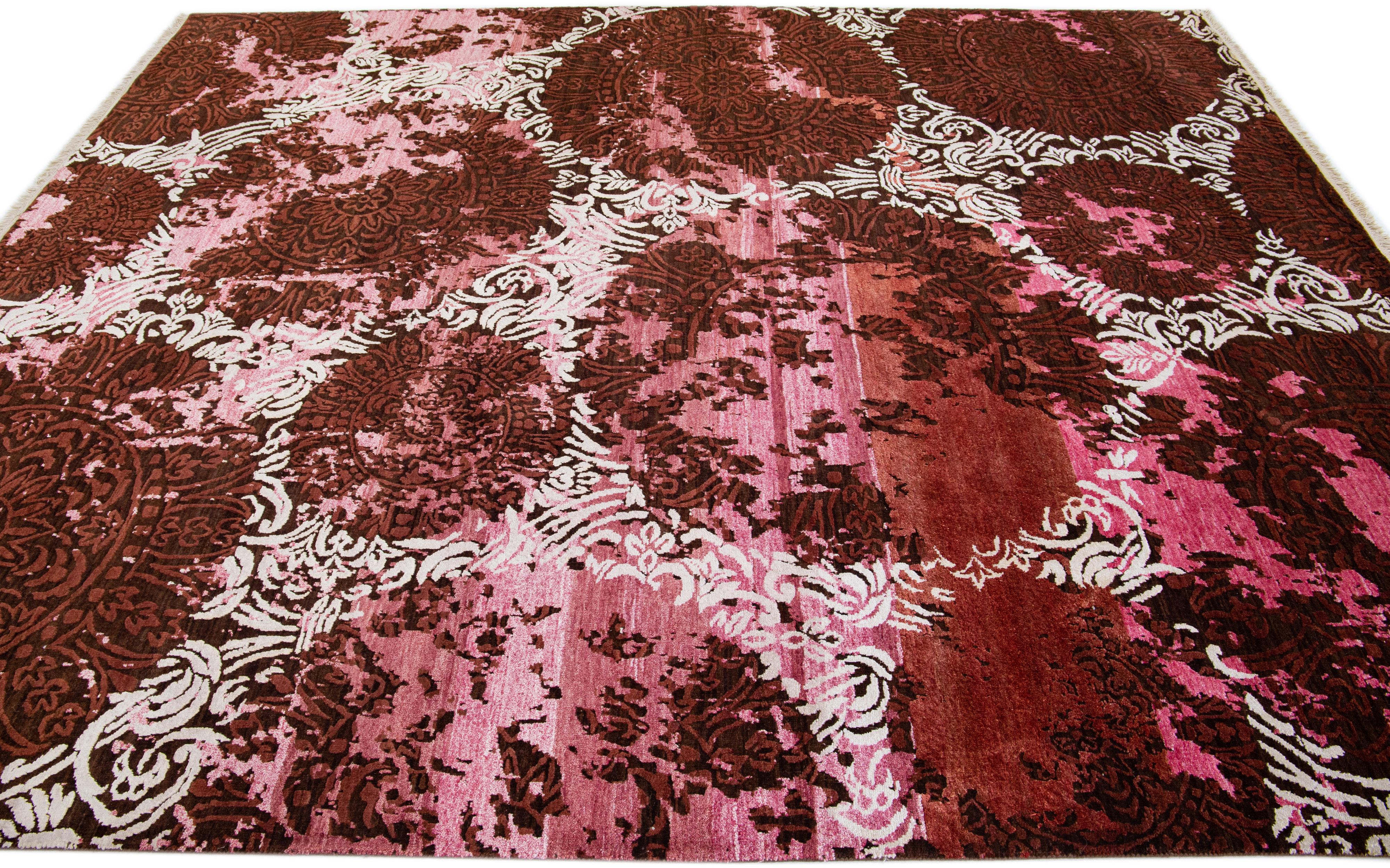 Hand-Knotted Contemporary Pink Tibetan Wool & Silk Rug with Abstract Pattern For Sale
