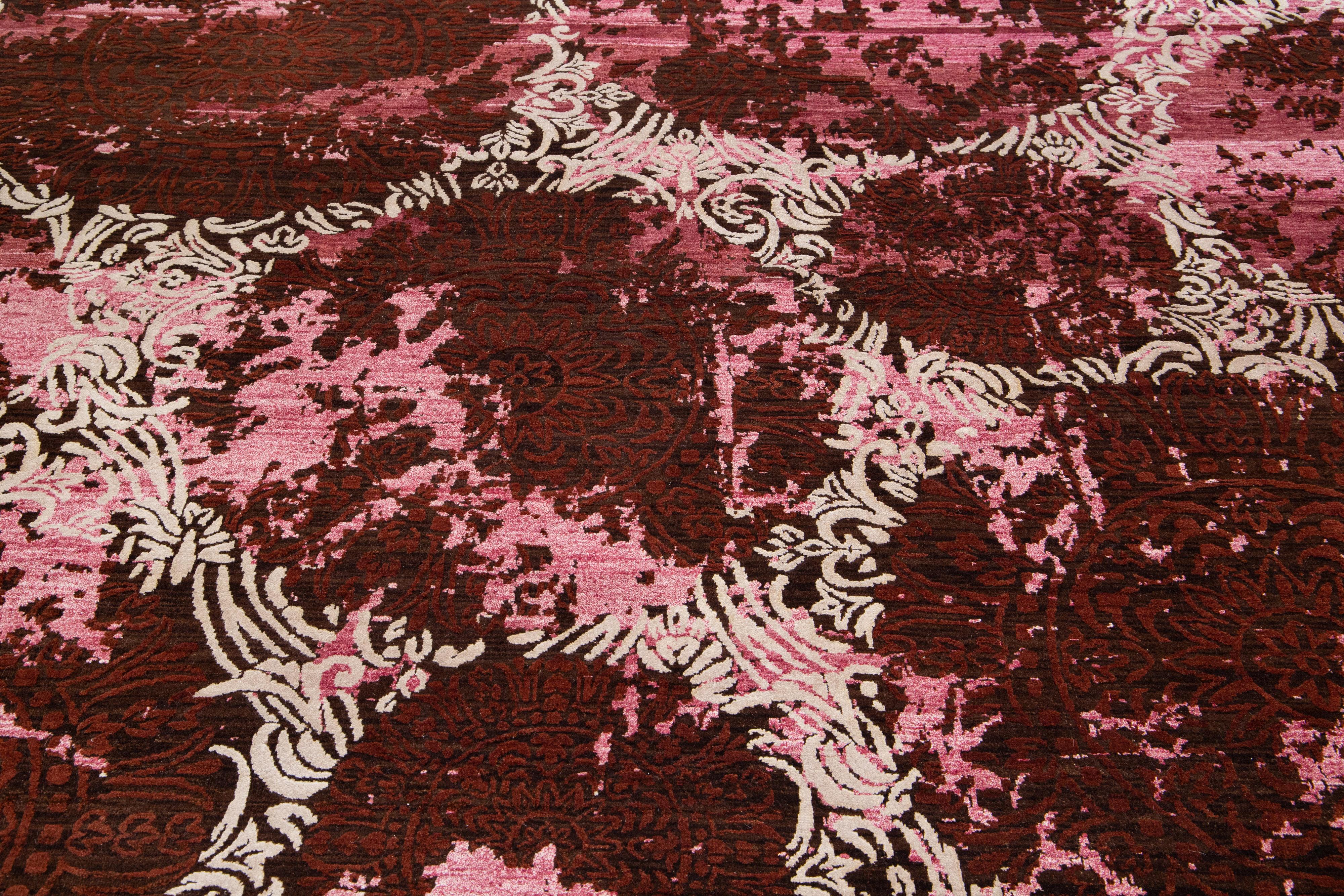Contemporary Pink Tibetan Wool & Silk Rug with Abstract Pattern For Sale 1