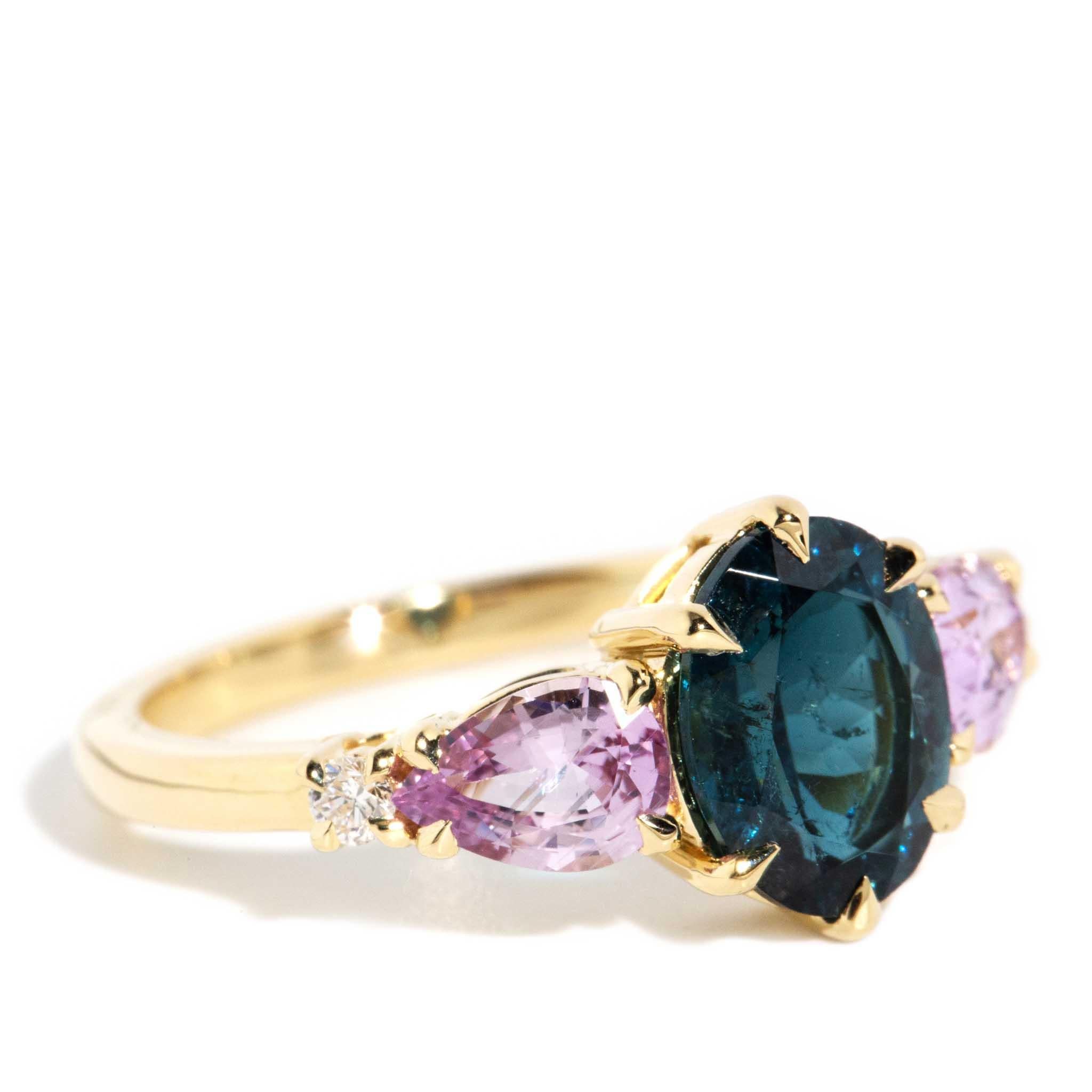 Oval Cut Contemporary Pink Tourmaline Blue Sapphire & Diamond Ring 18 Carat Yellow Gold For Sale