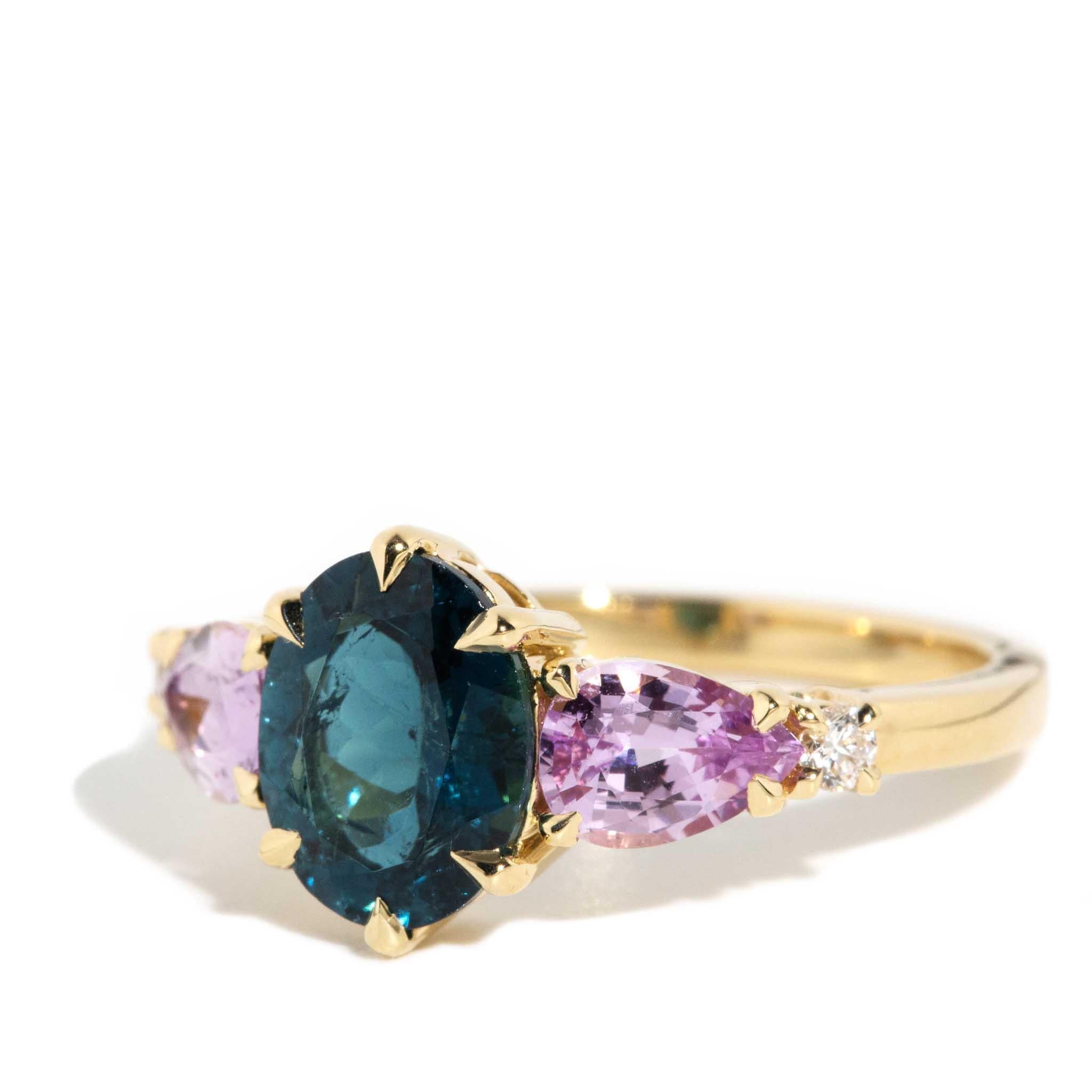 Women's Contemporary Pink Tourmaline Blue Sapphire & Diamond Ring 18 Carat Yellow Gold For Sale