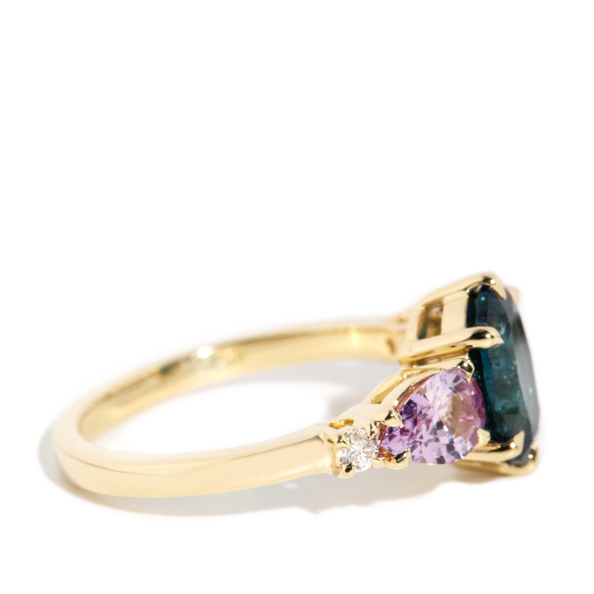 Contemporary Pink Tourmaline Blue Sapphire & Diamond Ring 18 Carat Yellow Gold For Sale 1