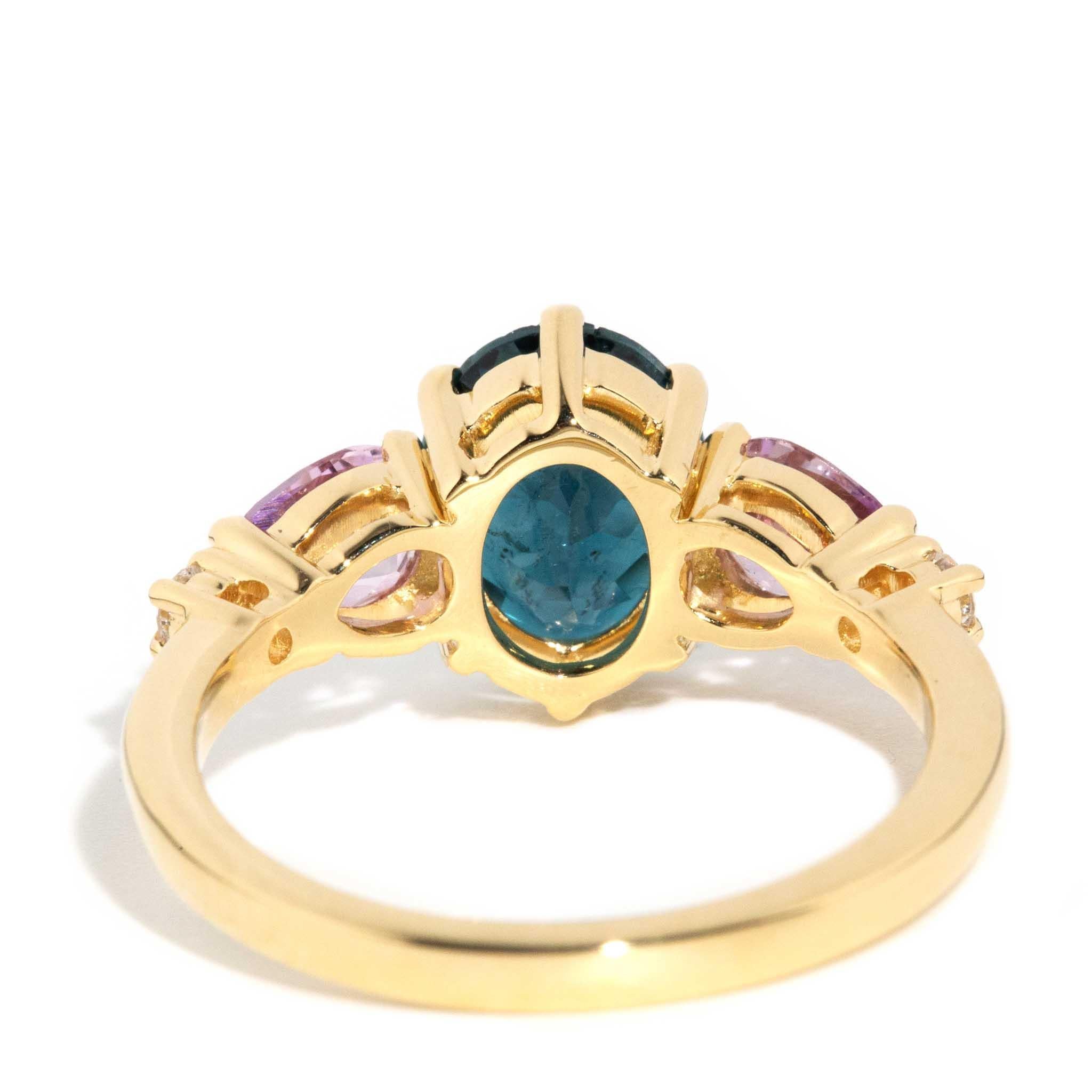 Contemporary Pink Tourmaline Blue Sapphire & Diamond Ring 18 Carat Yellow Gold For Sale 4