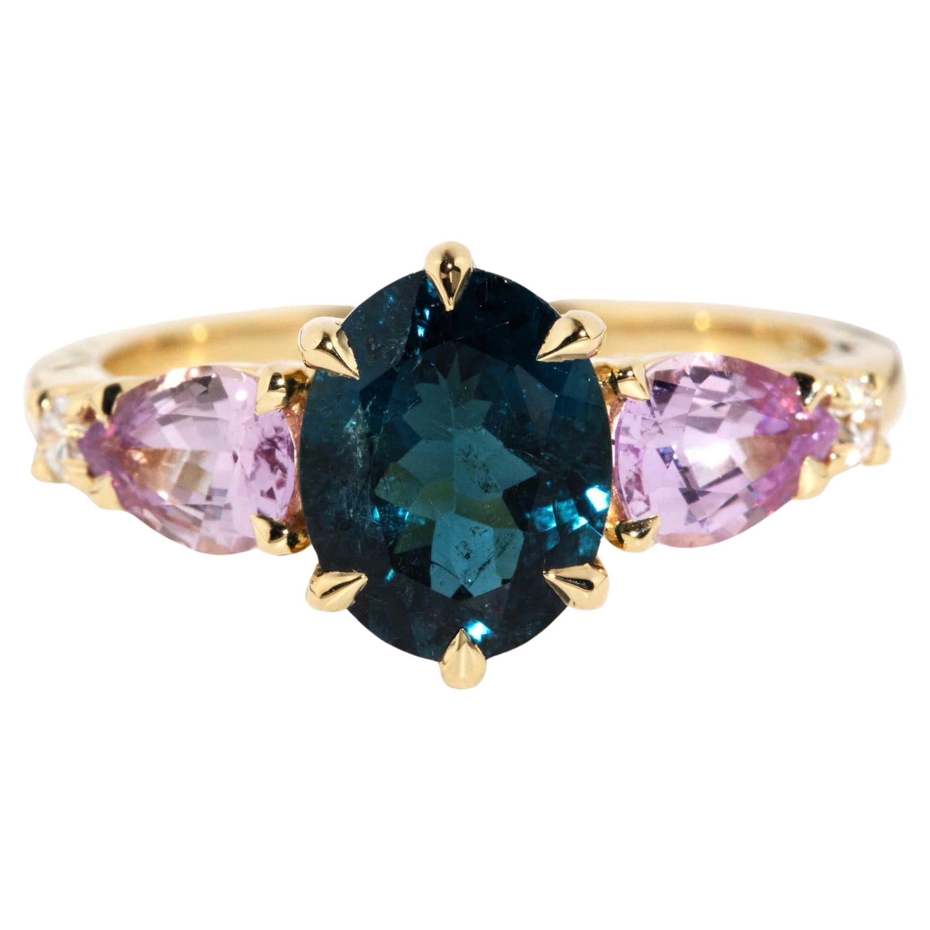 Contemporary Pink Tourmaline Blue Sapphire & Diamond Ring 18 Carat Yellow Gold For Sale