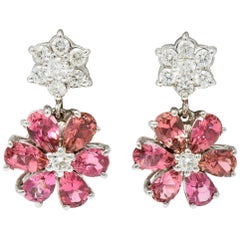 Contemporary Pink Tourmaline Diamond 18 Karat White Floral Cluster Drop Earrings