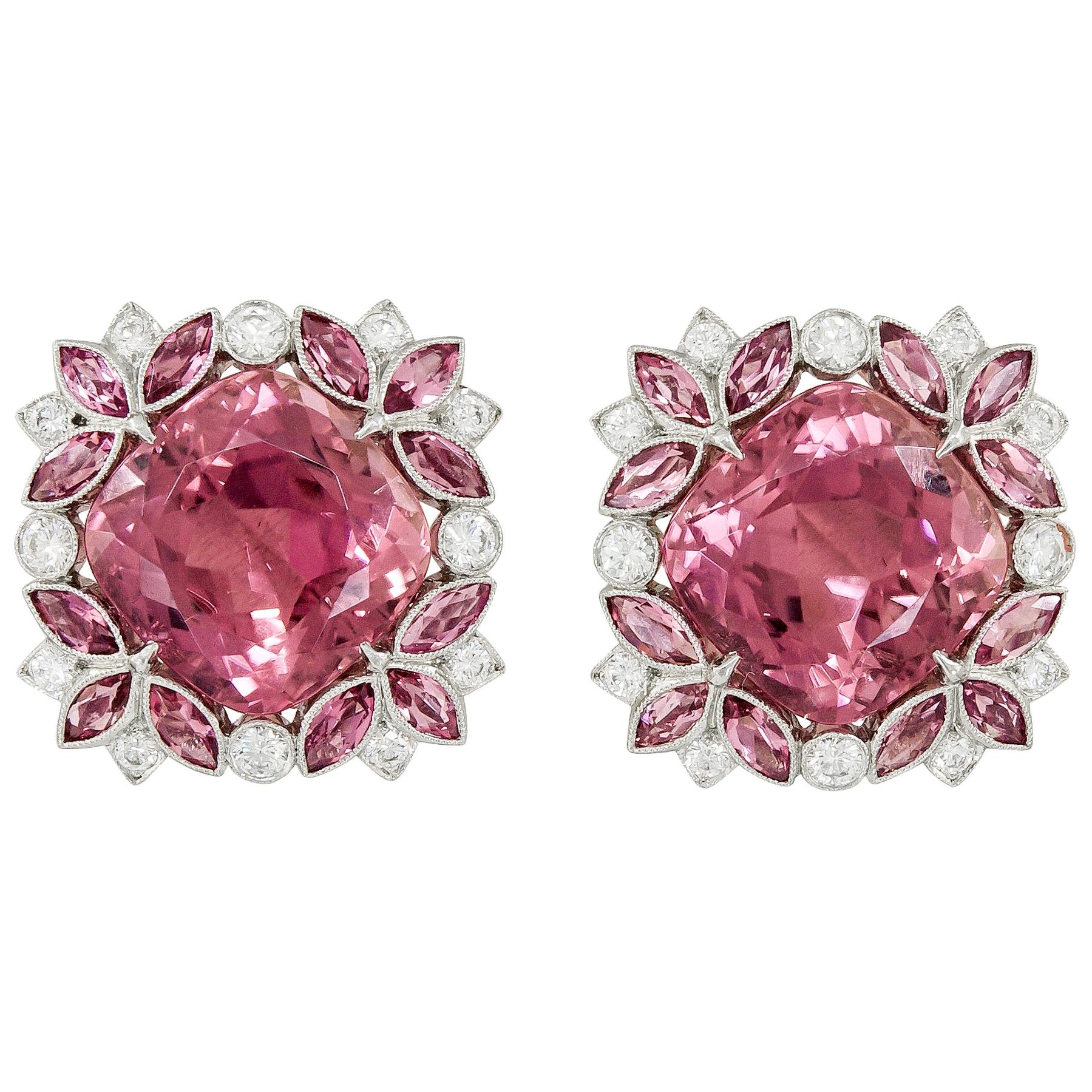 Contemporary Diamond Pink Tourmaline Platinum White Gold Earrings