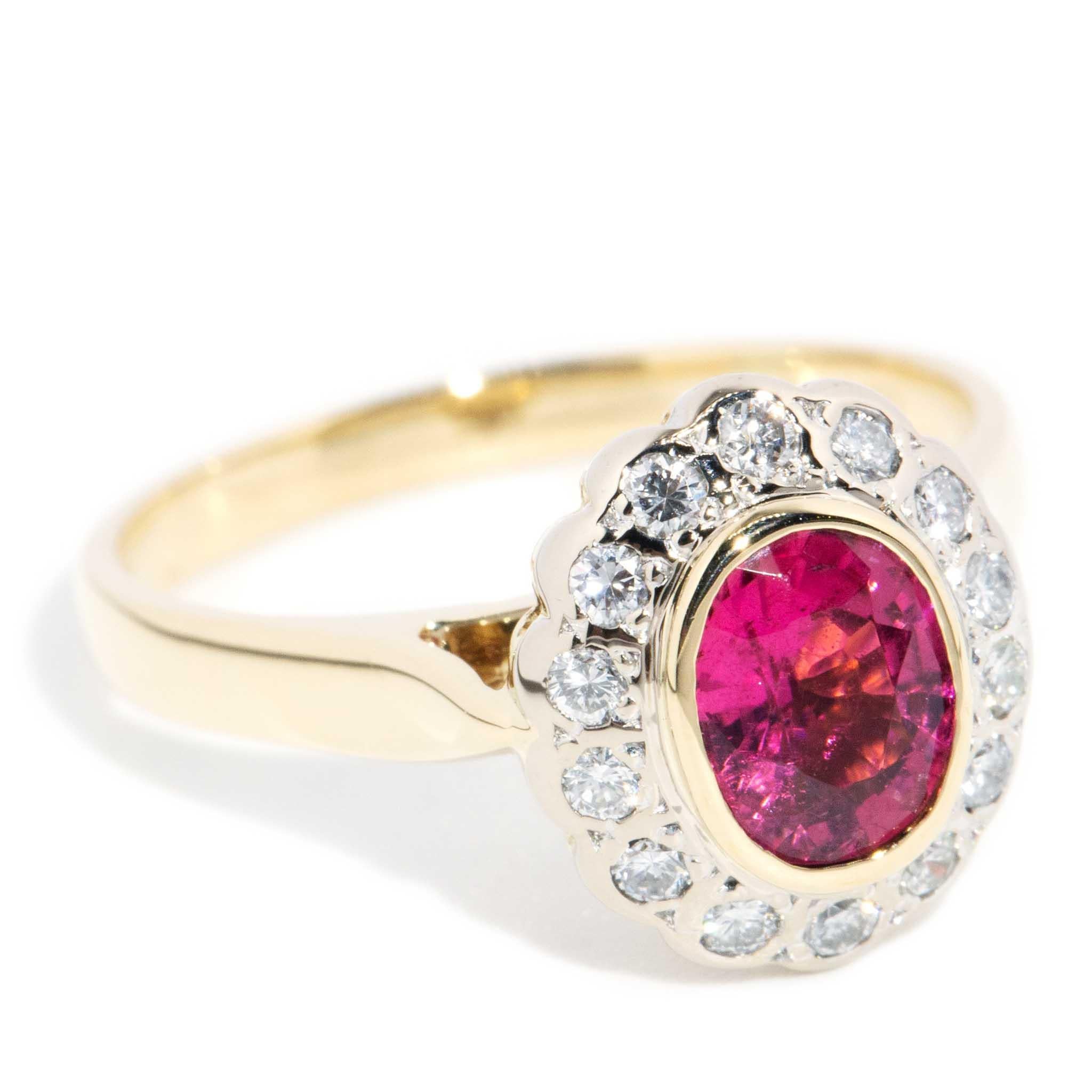 Oval Cut Contemporary Pink Tourmaline Diamond Halo Ring 18 Carat Gold For Sale
