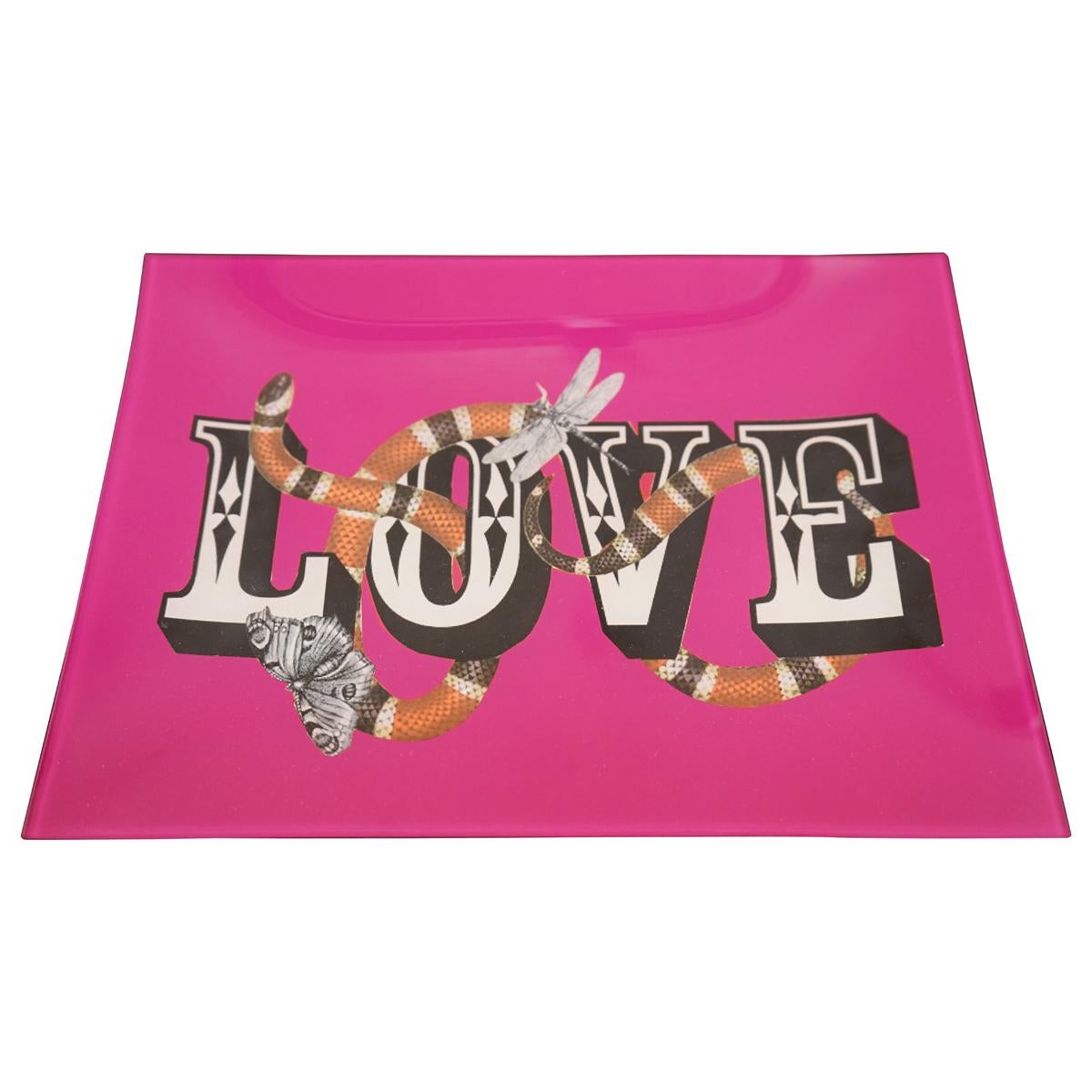 Contemporary Pink Tray Featuring Snake, Insect, and "LOVE" Design