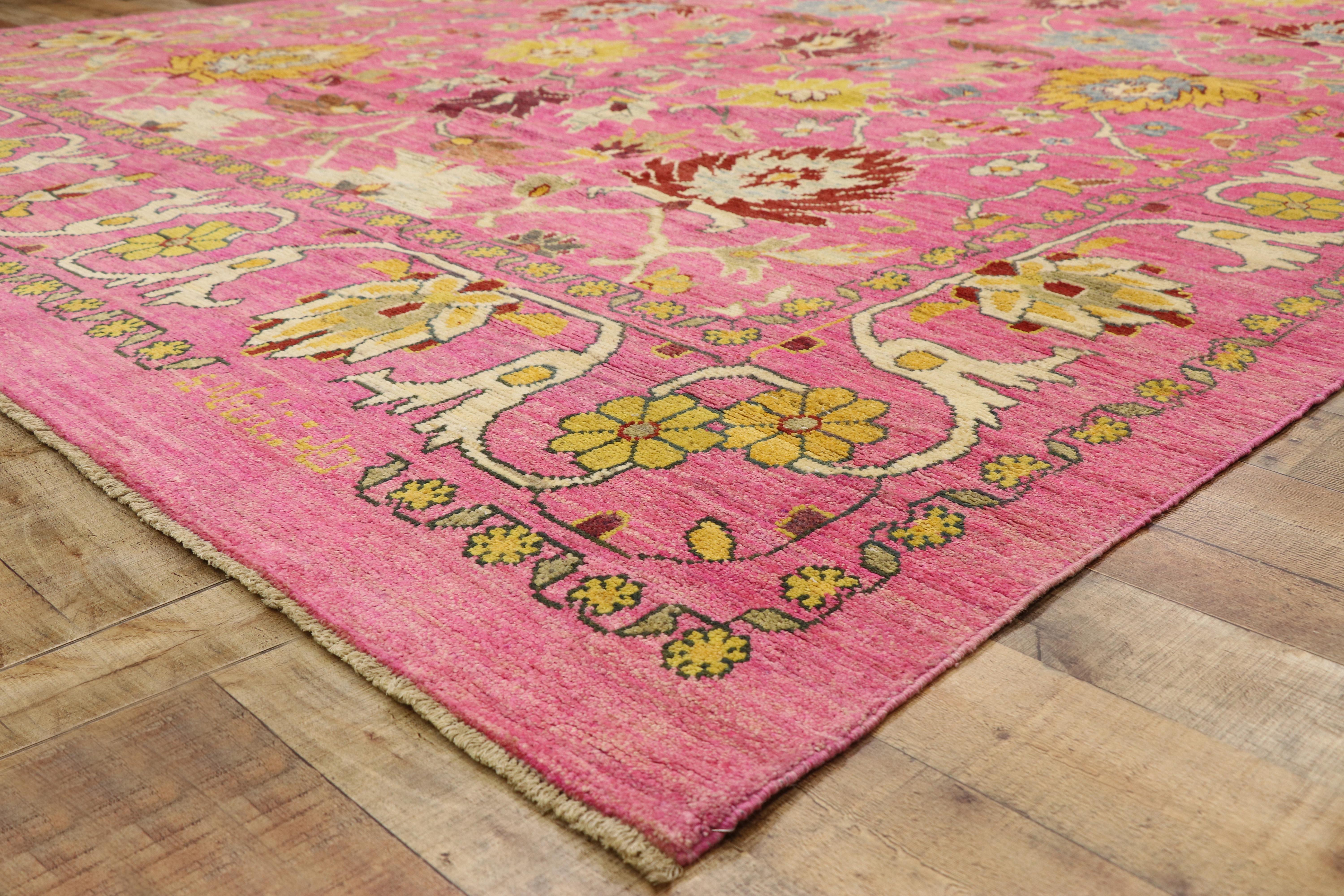 New Contemporary Pink Turkish Oushak Rug with Post-Modern Style For Sale 1
