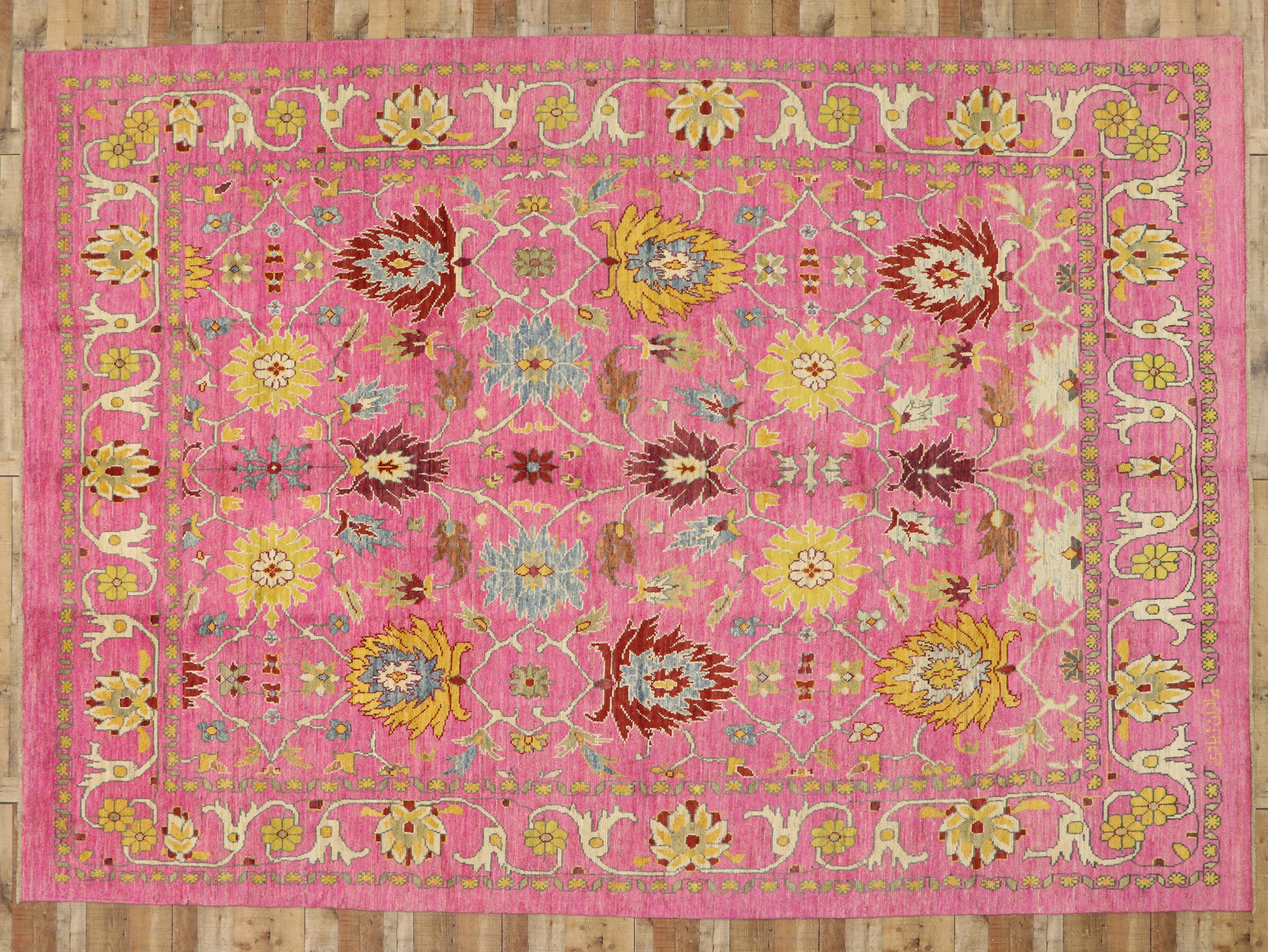 New Contemporary Pink Turkish Oushak Rug with Post-Modern Style For Sale 3