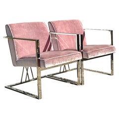 Contemporary Pink Velvet and Chrome Lounge Chairs, a Pair
