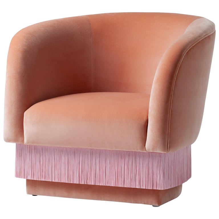 Contemporary Pink Velvet Armchair with Piping and Fringe Trim at 1stdibs
