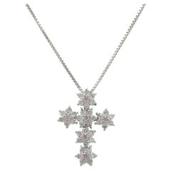 Contemporary Pink & White Diamond 18 Karat White Gold Cross Pendant Necklace
