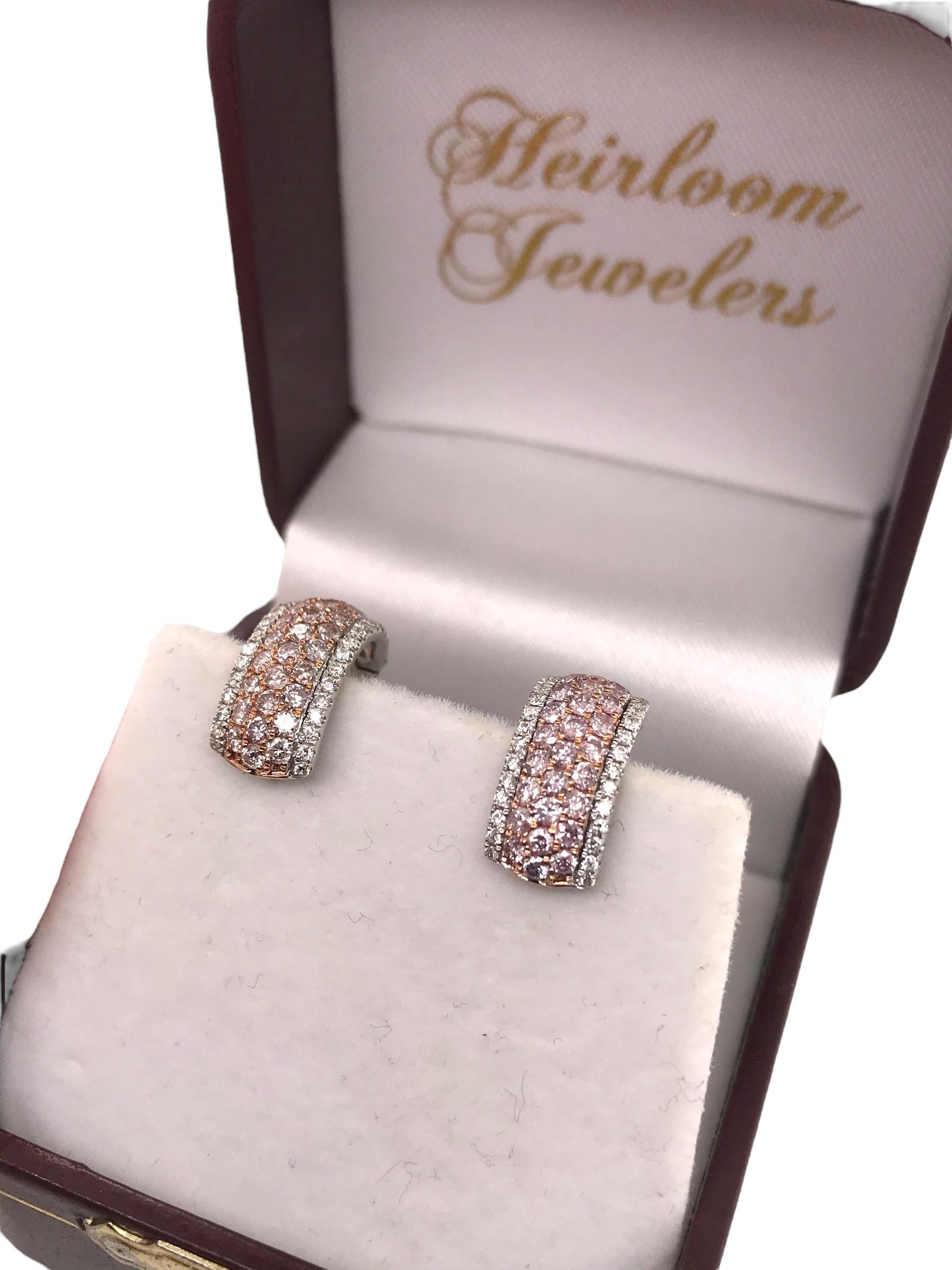 Contemporary Pink & White Diamond Huggie Earrings 14K White Gold 5
