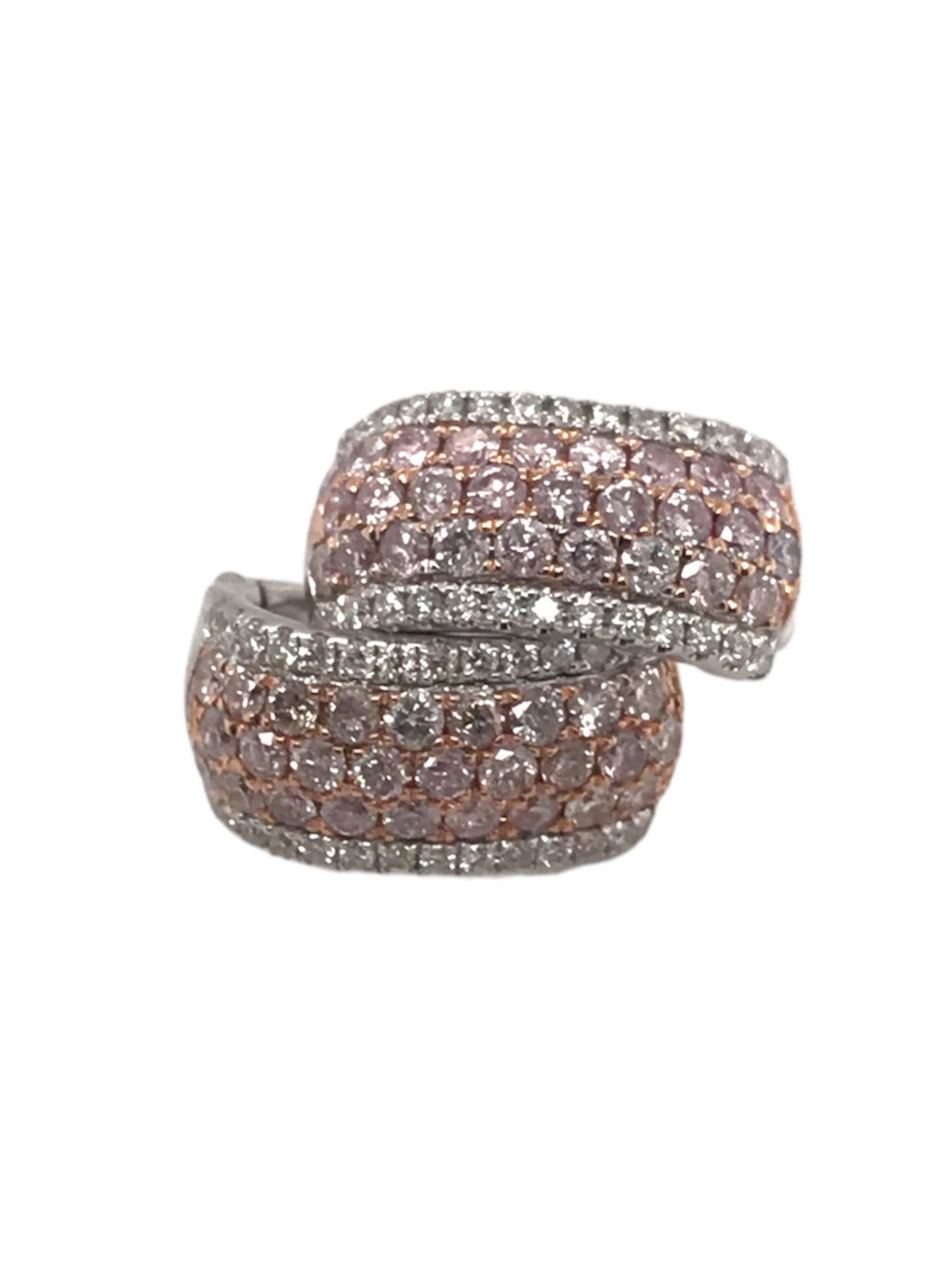 Brilliant Cut Contemporary Pink & White Diamond Huggie Earrings 14K White Gold