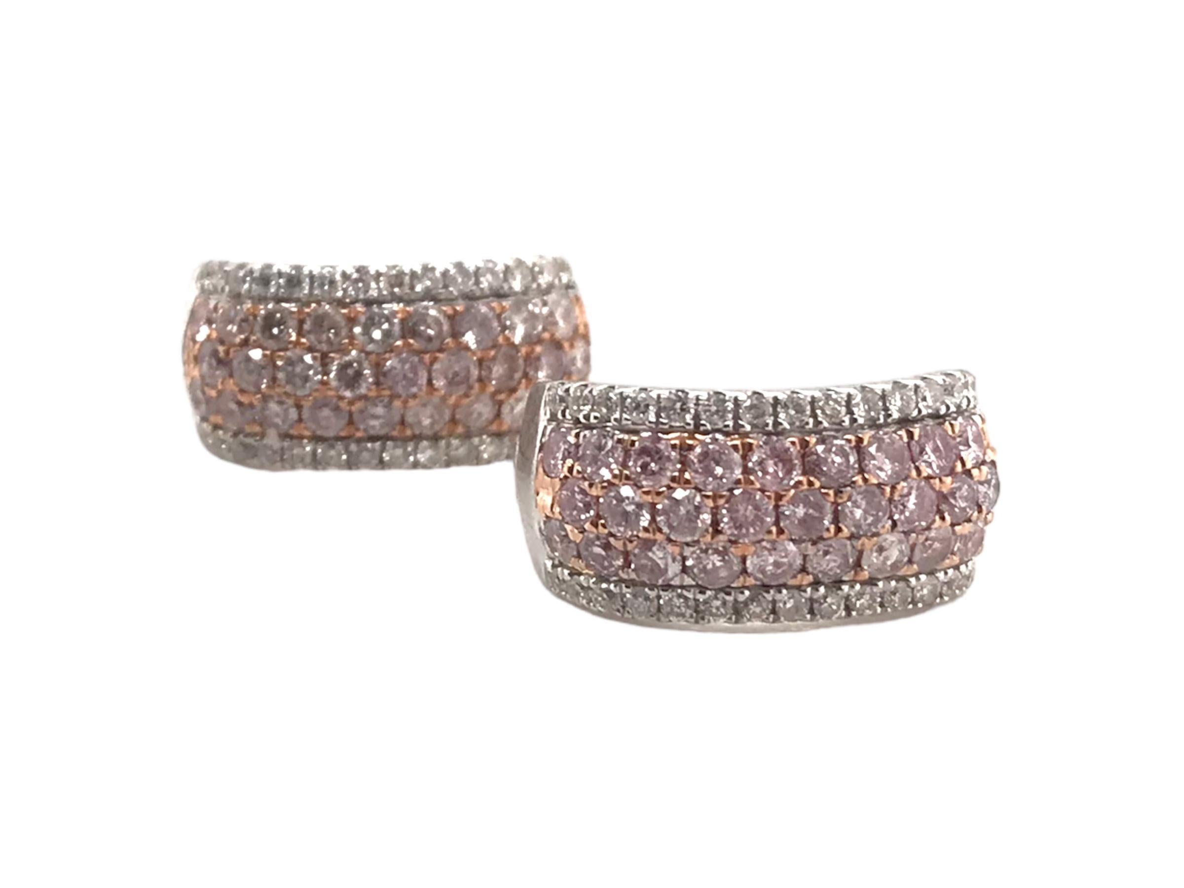 Women's Contemporary Pink & White Diamond Huggie Earrings 14K White Gold