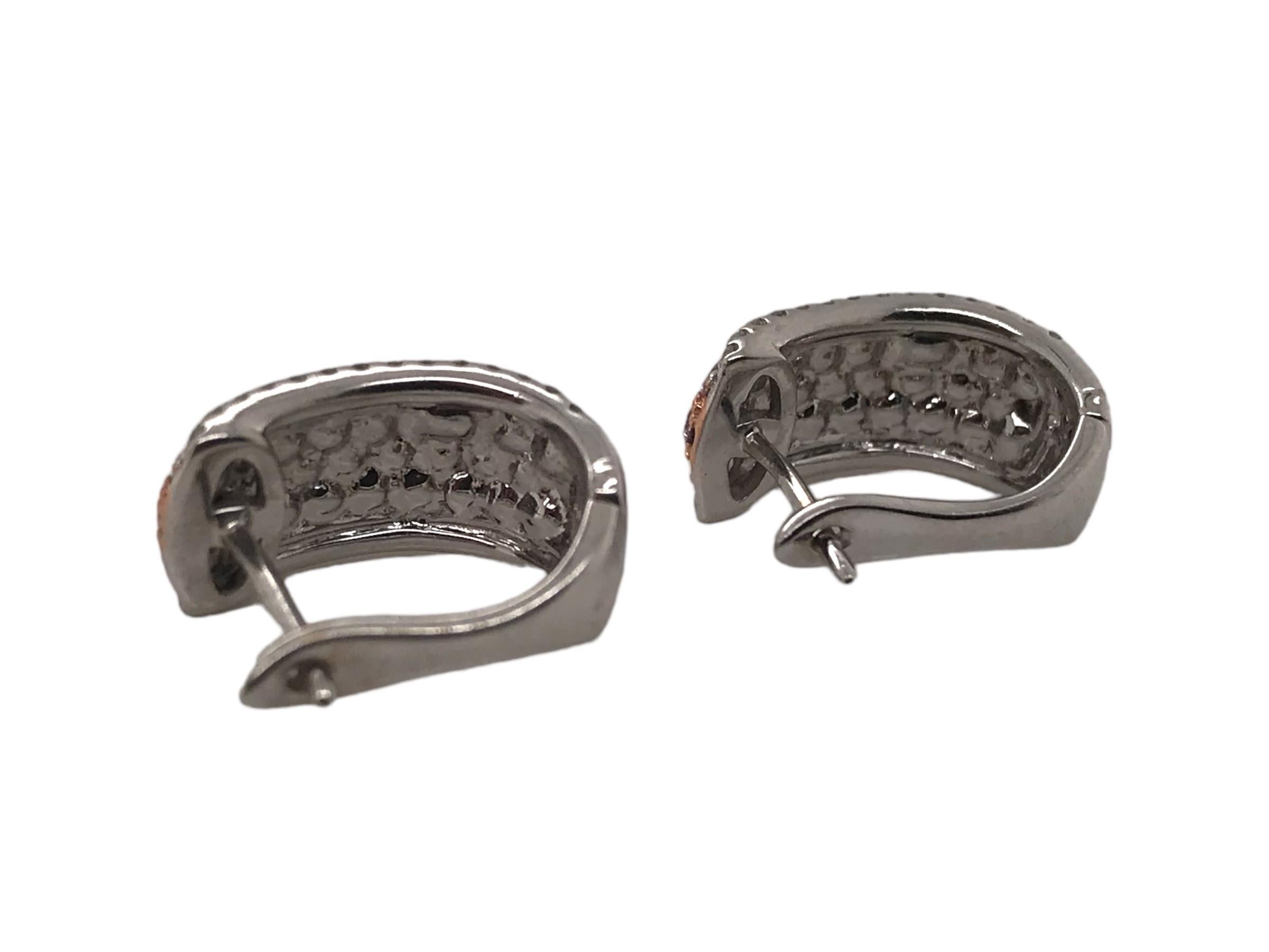 Contemporary Pink & White Diamond Huggie Earrings 14K White Gold 1