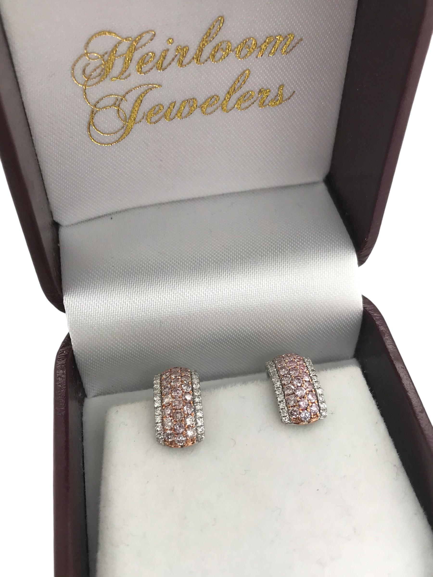Contemporary Pink & White Diamond Huggie Earrings 14K White Gold 2