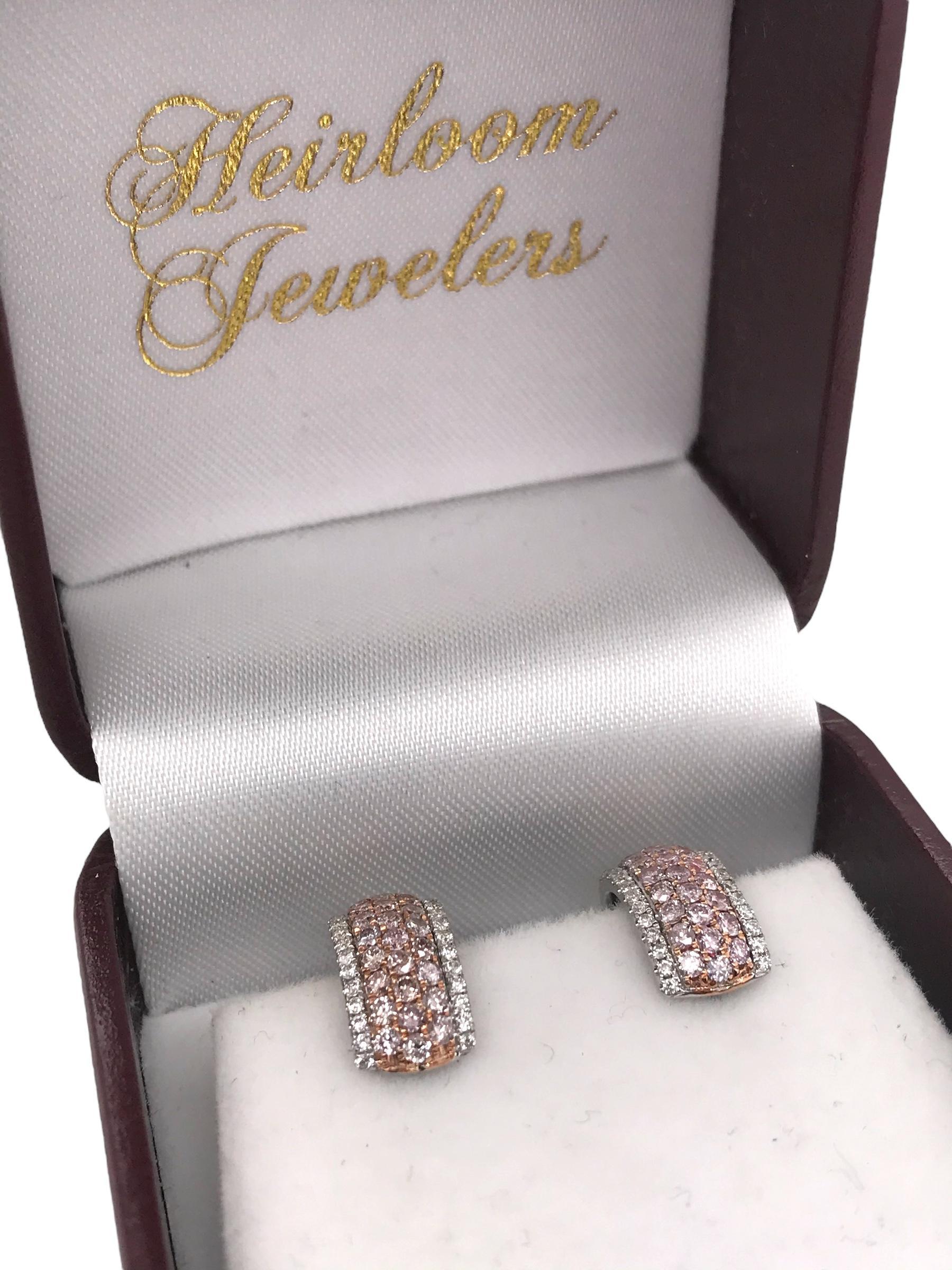 Contemporary Pink & White Diamond Huggie Earrings 14K White Gold 3