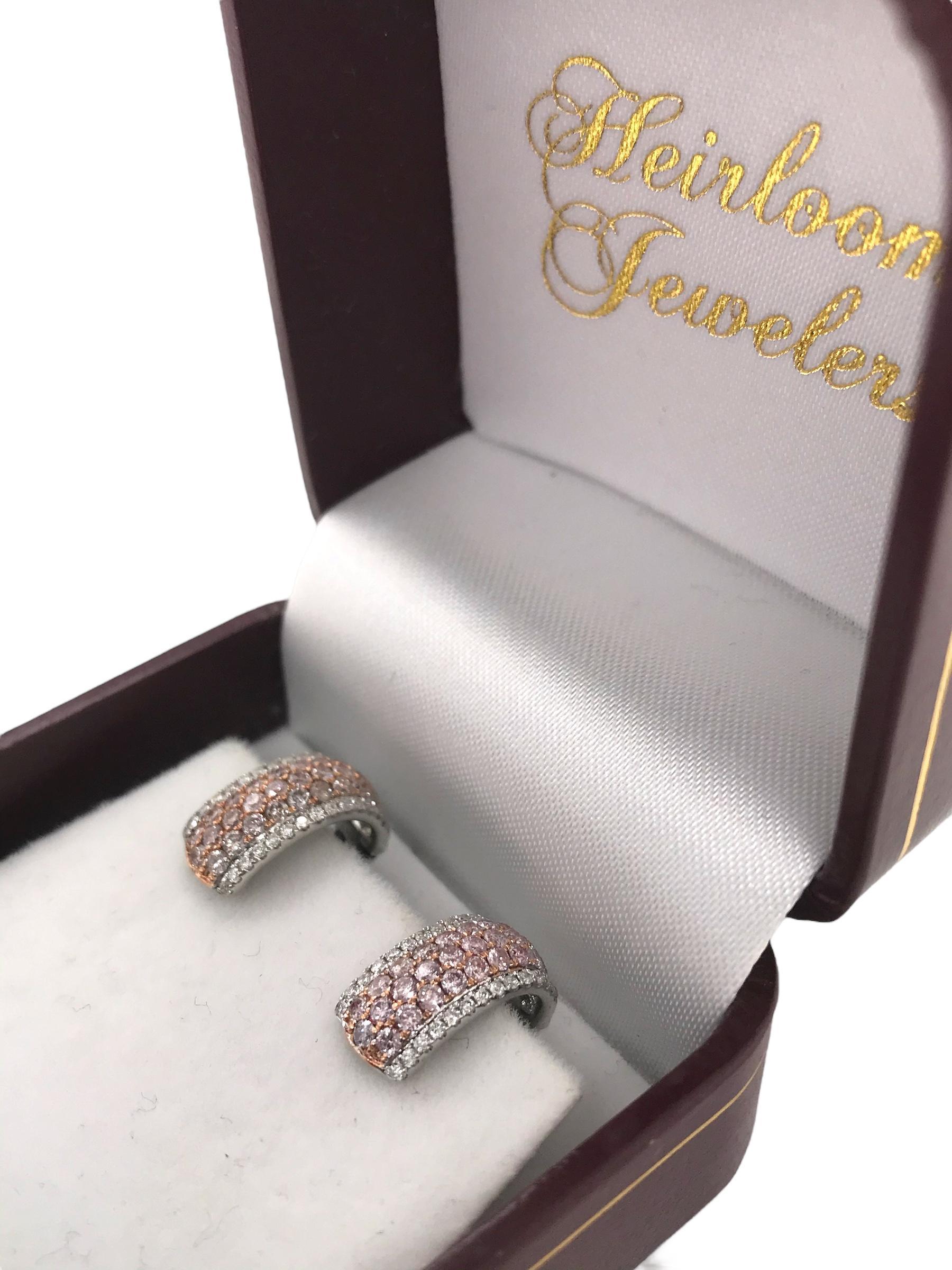 Contemporary Pink & White Diamond Huggie Earrings 14K White Gold 4