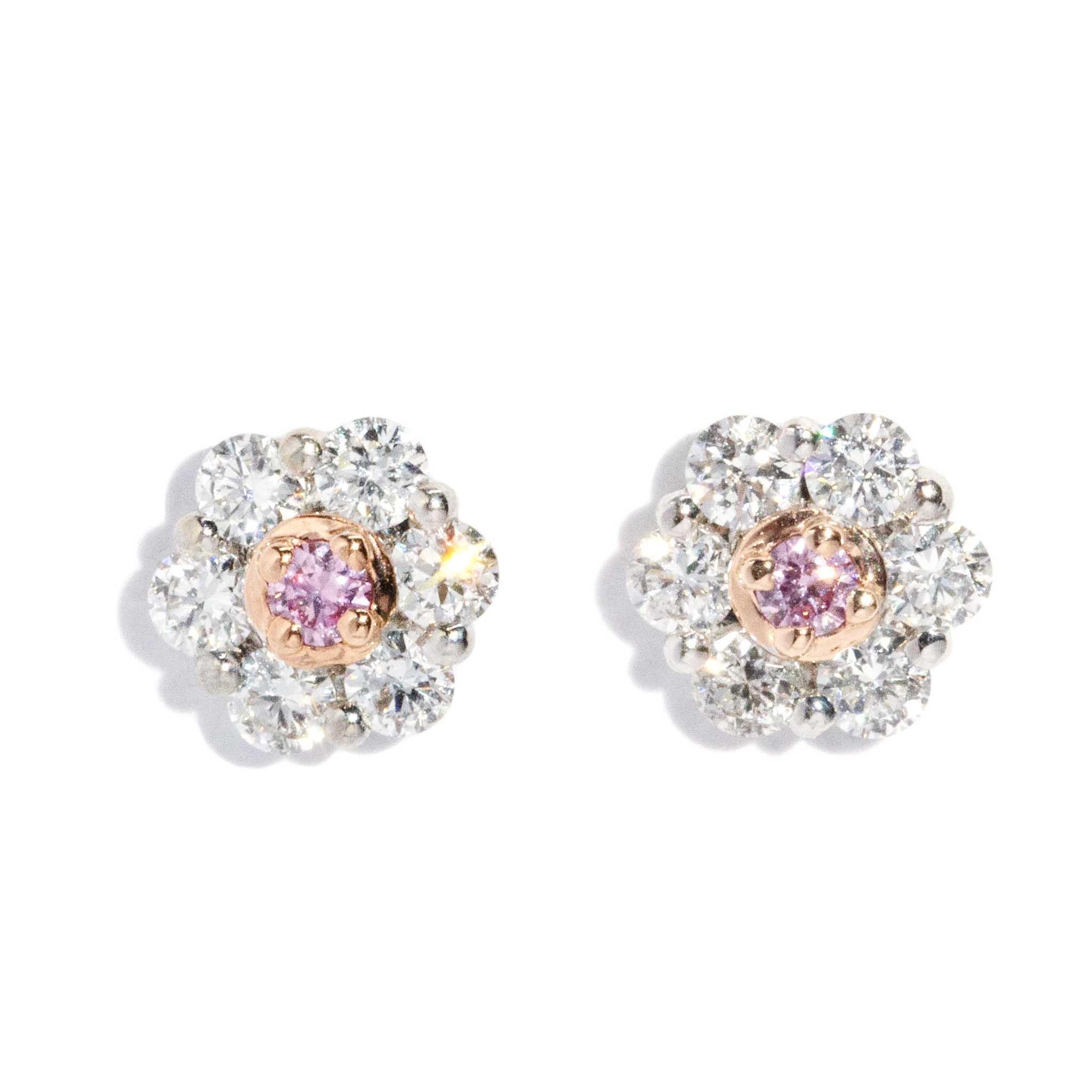 Brilliant Cut Contemporary Pink & White Diamond Studs 18 Carat White & Rose Gold For Sale
