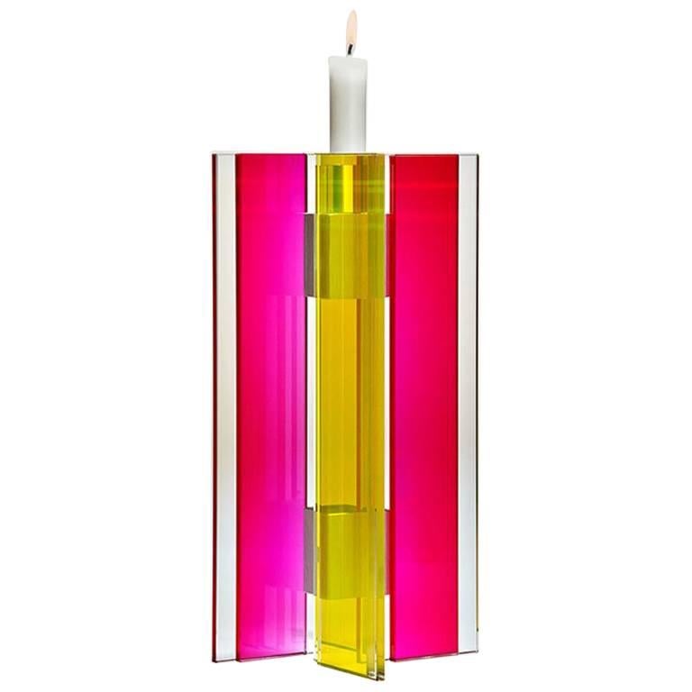 Contemporary Pink 
Yellow Glass 
Aluminum Candlestick For Sale
