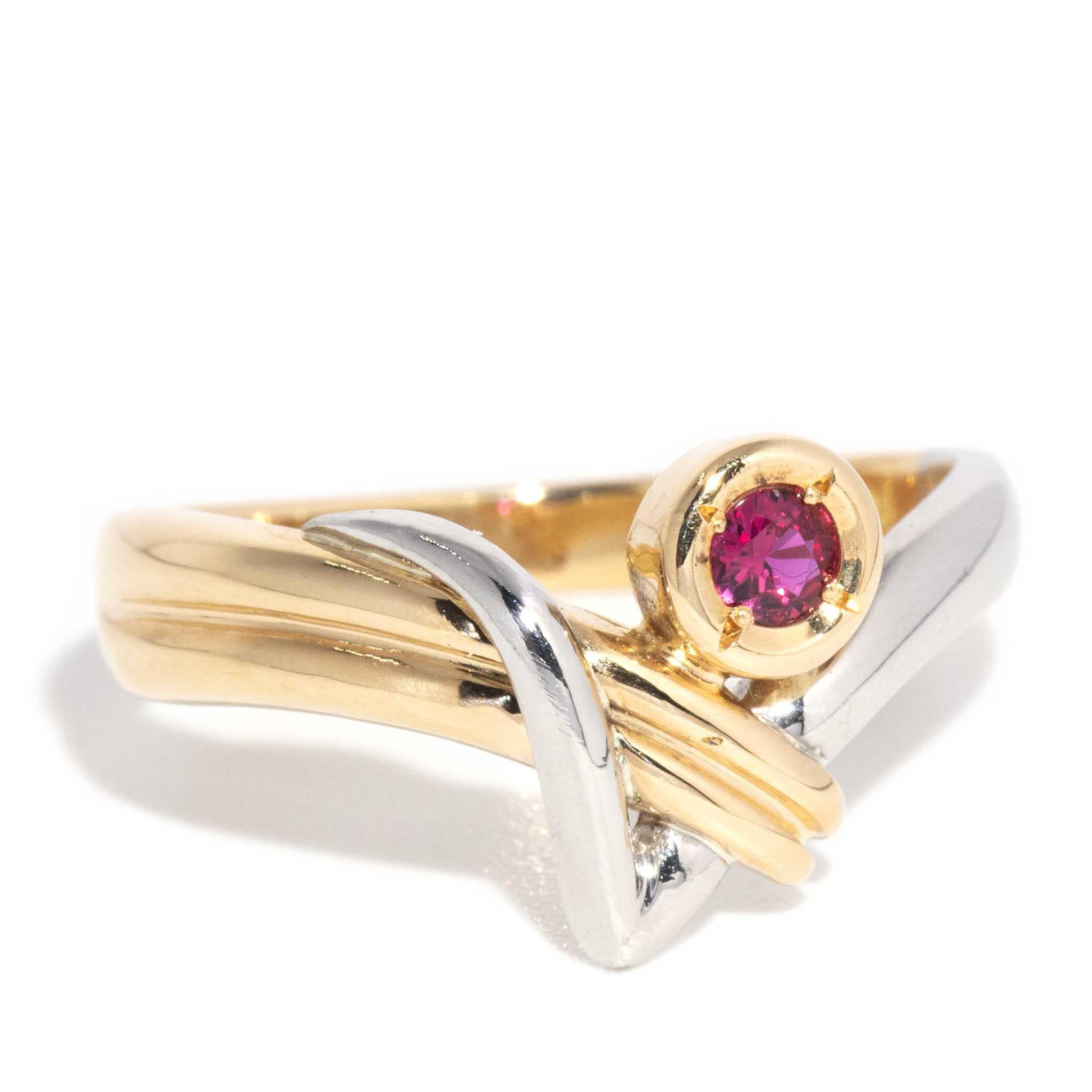Women's Contemporary Pinkish Red Ruby Ring Platinum & 18 Carat Yellow Gold For Sale