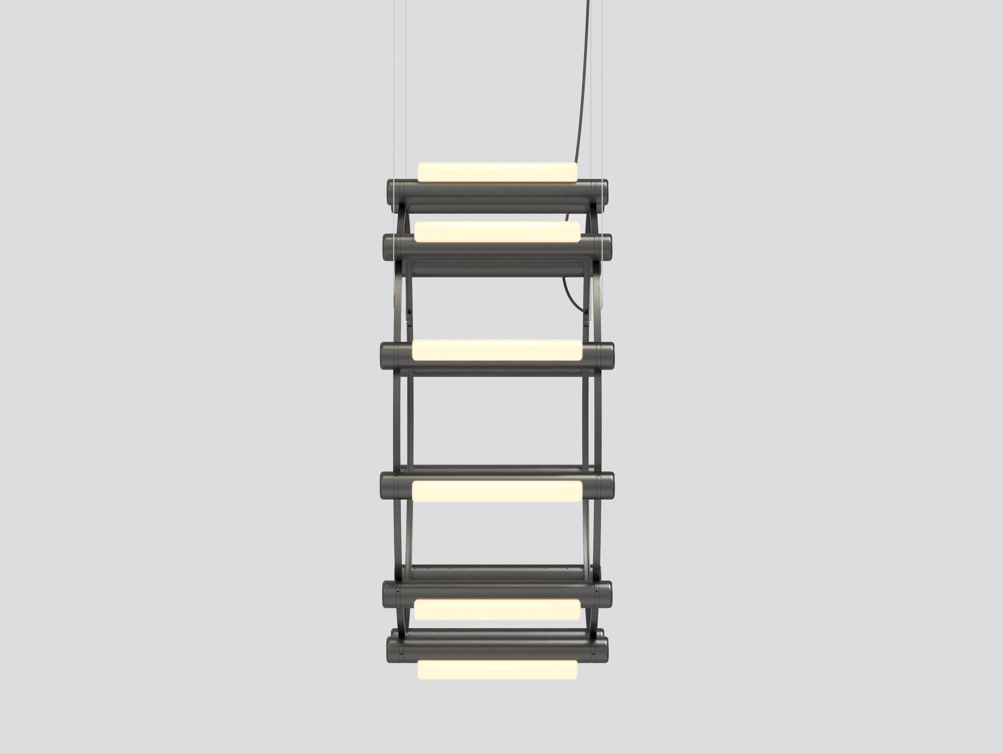 Pipeline chandelier 3
Design: Caine Heintzman, Editor: AND Light

By definition, the Pipeline Chandelier features a cylindrical arrangement of linear illuminated sections cinched by metal hoops. Its carousel like form proposes an unconventional