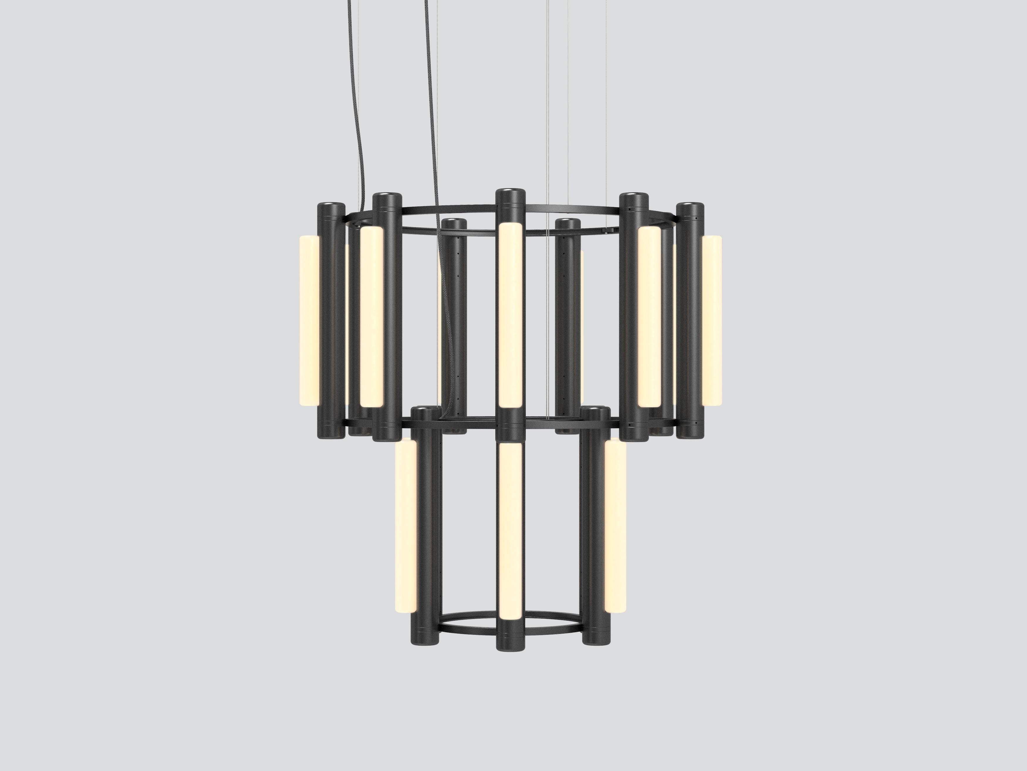 Pipeline Chandelier 7
Design: Caine Heintzman, Editor: AND Light

By definition, the Pipeline Chandelier features a cylindrical arrangement of linear illuminated sections cinched by metal hoops. Its carousel like form proposes an unconventional
