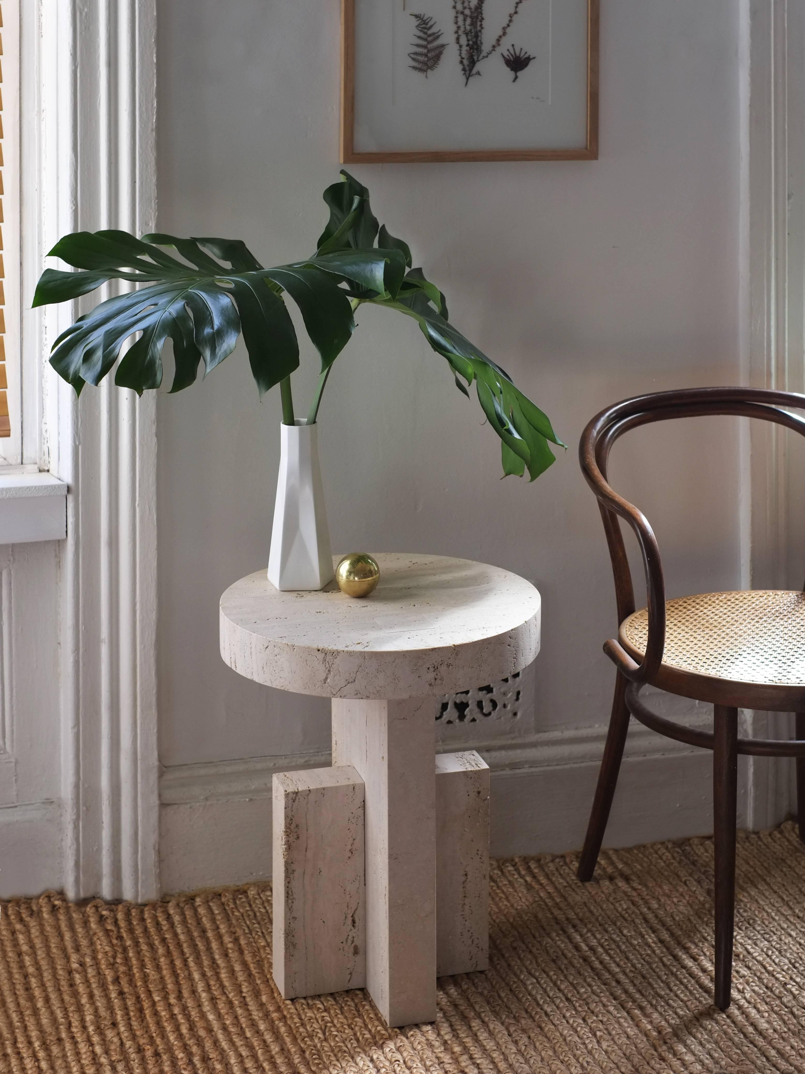 Contemporary Planar Side Table in Travertine Stone by Fort Standard, in Stock 1