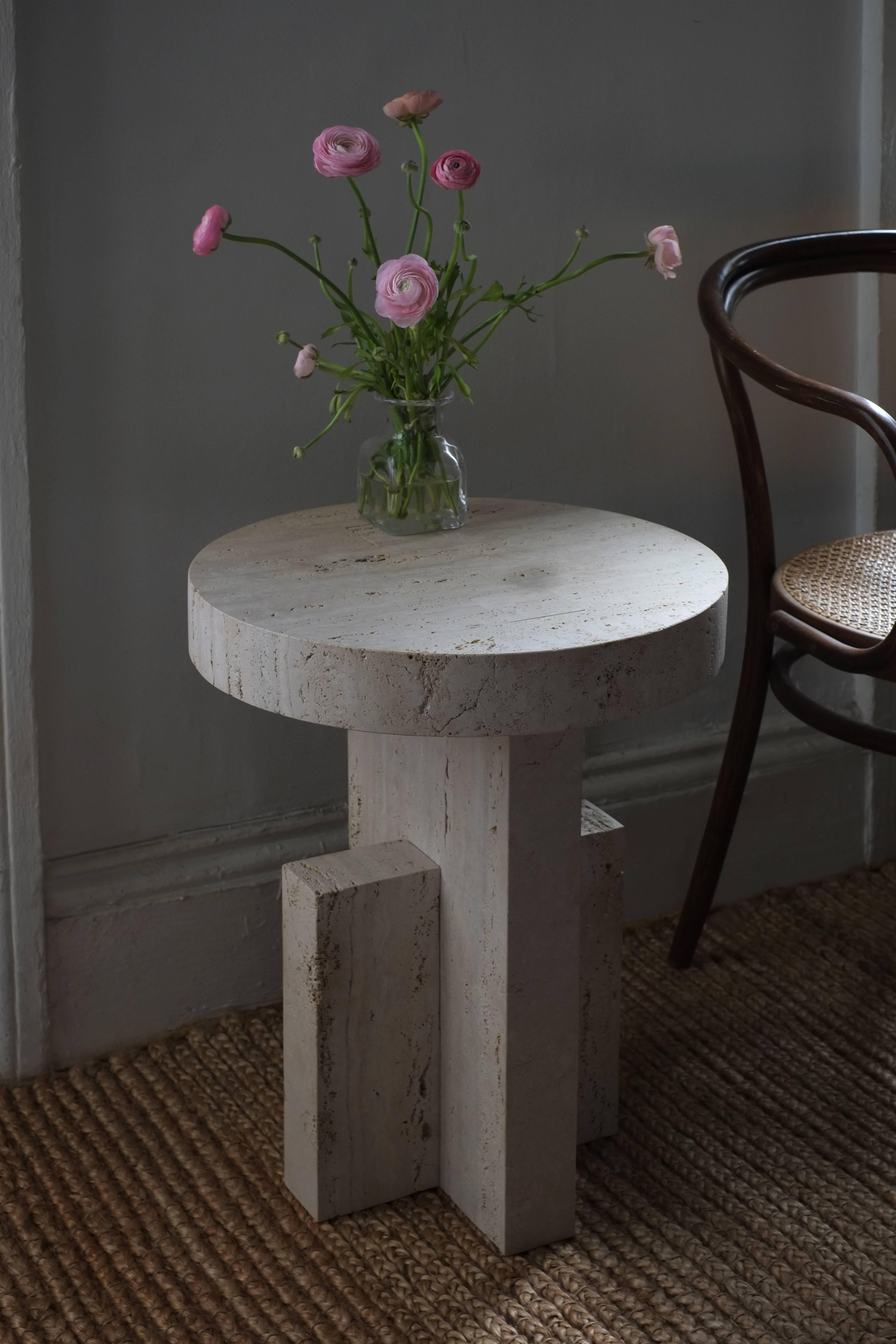 Contemporary Planar Side Table in Travertine Stone by Fort Standard, in Stock 2