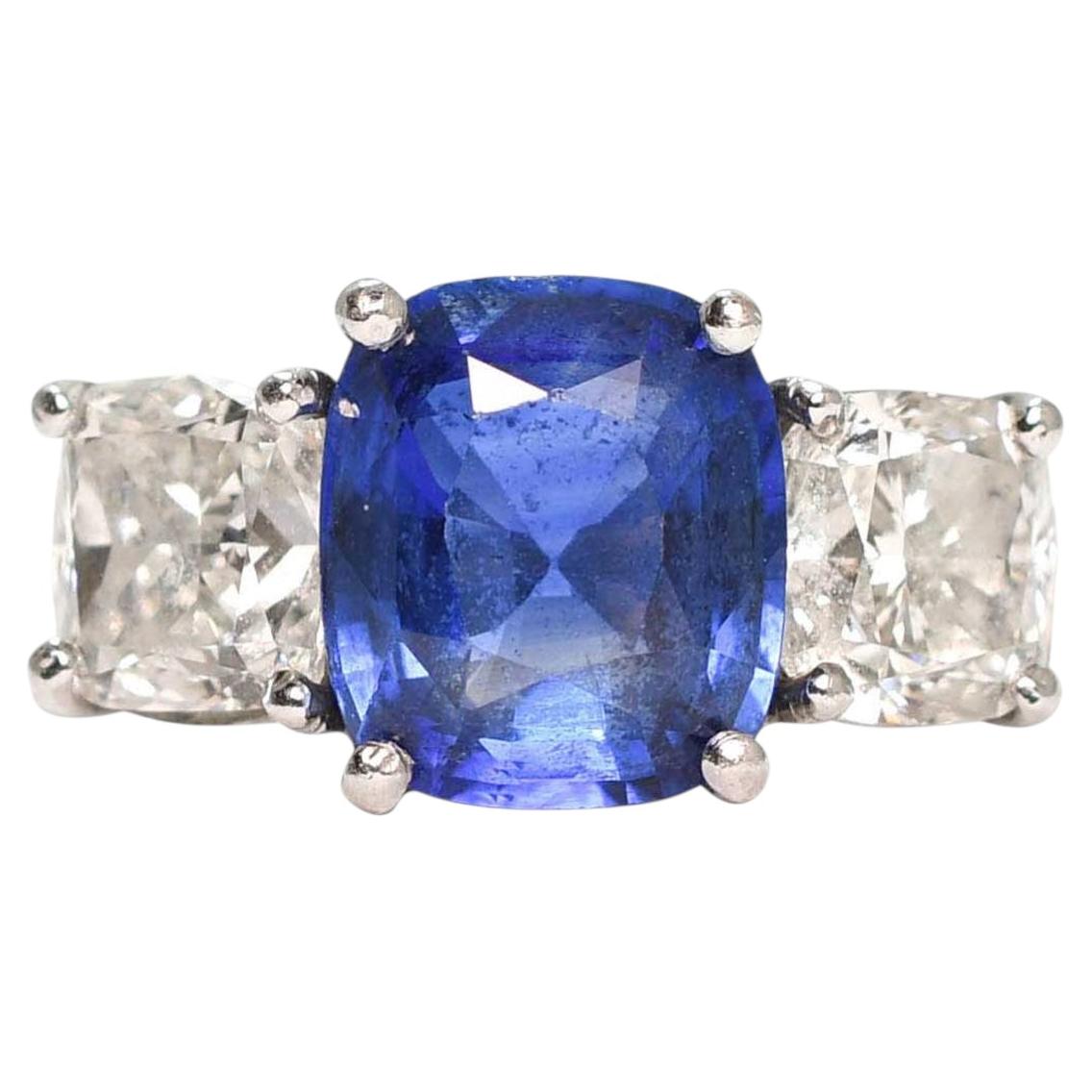 Contemporary Platinum Ceylon Sapphire & Diamond Trilogy Ring
