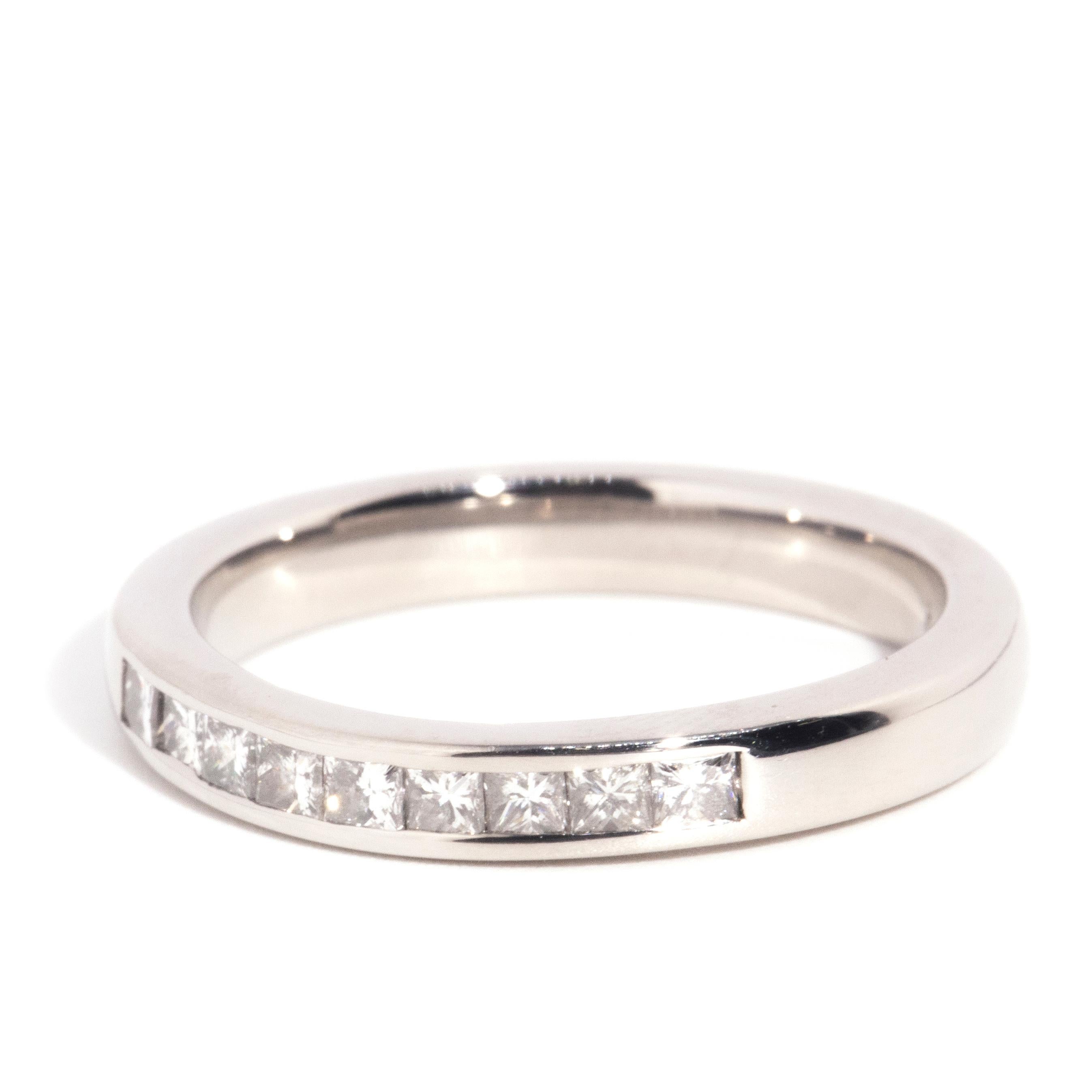 Contemporary Platinum Channel Set Princess Cut Diamond Eternity Band Ring In Good Condition For Sale In Hamilton, AU