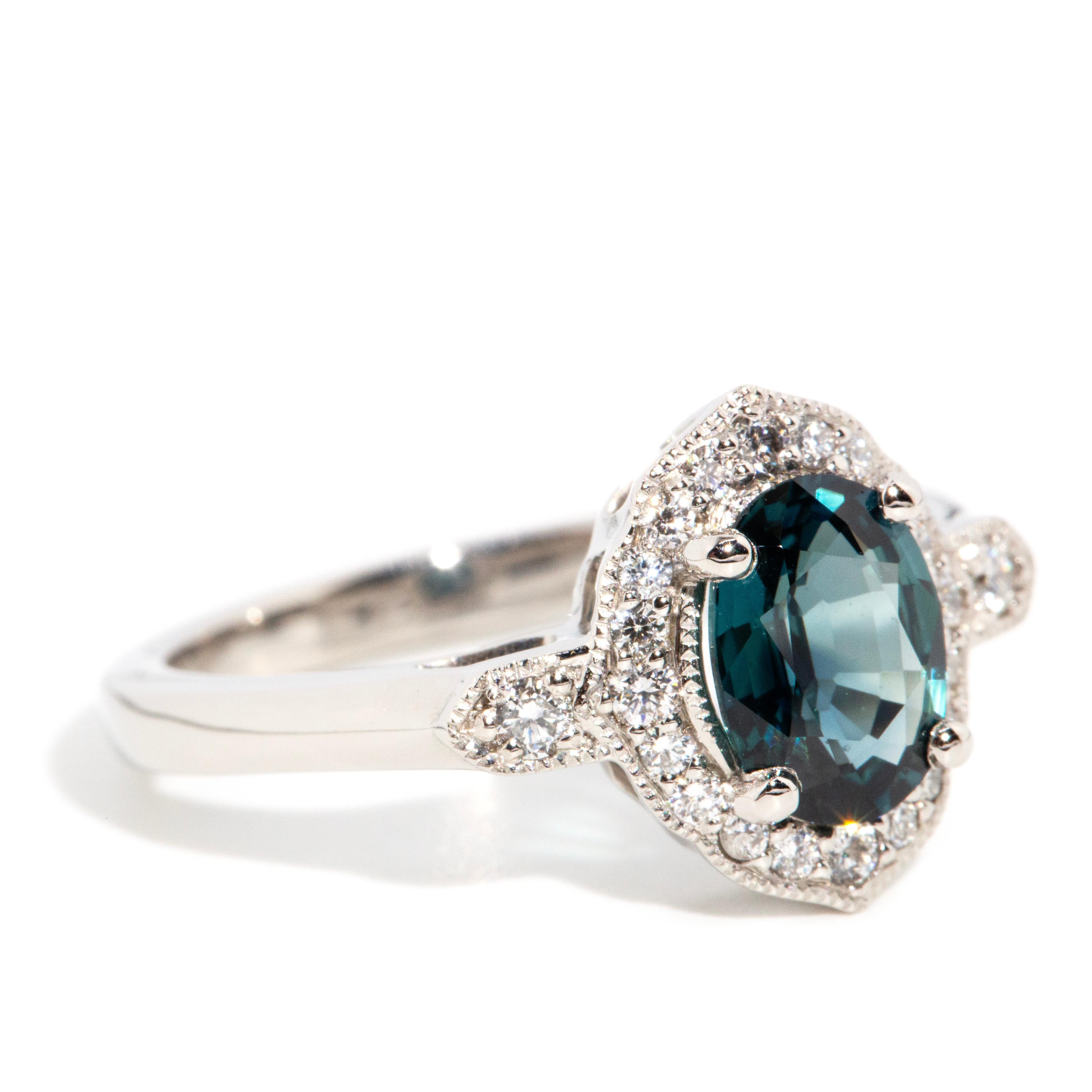 Oval Cut Contemporary Platinum Oval Teal Sapphire & Diamond Halo Milgrain Cluster Ring For Sale